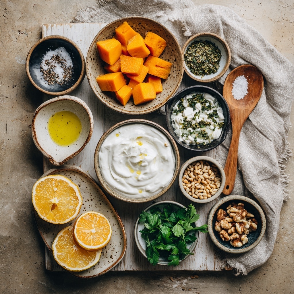 A metal bowl holds bright orange pumpkin cubes seasoned with black pepper and a mix of spices, being stirred gently by a woman's hand holding a wooden spoon on a white marbled surface. Below, the same pumpkin cubes are spread evenly on a white parchment-lined baking tray, showing a light layer of olive oil and spices on the pumpkin pieces, with a woman’s hand holding silver tongs ready to turn them. Photo taken with an iphone --ar 4:5 --v 7