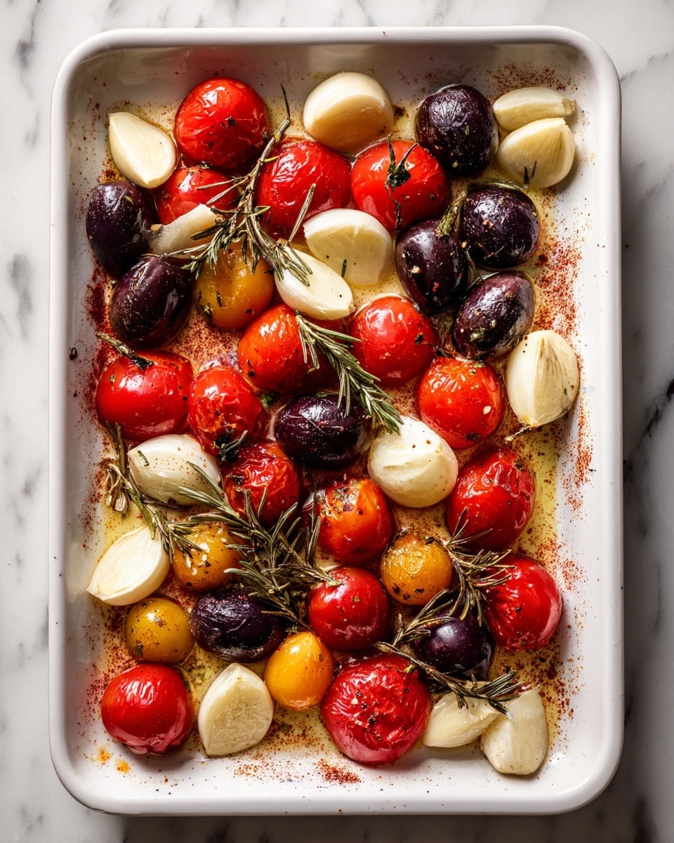 The image shows a white tray with one layer of mixed small tomatoes in red, yellow, and dark purple colors, scattered randomly. There are several peeled garlic cloves placed evenly between the tomatoes. Light brown dried rosemary leaves are sprinkled over the tomatoes and garlic, along with a reddish-brown seasoning dusted lightly across the tray. The tomatoes and garlic have a shiny, oily surface, showing they are coated in oil. The tray is placed on a white marbled texture surface, and the lighting highlights the fresh and roasted textures of the ingredients. photo taken with an iphone --ar 4:5 --v 7