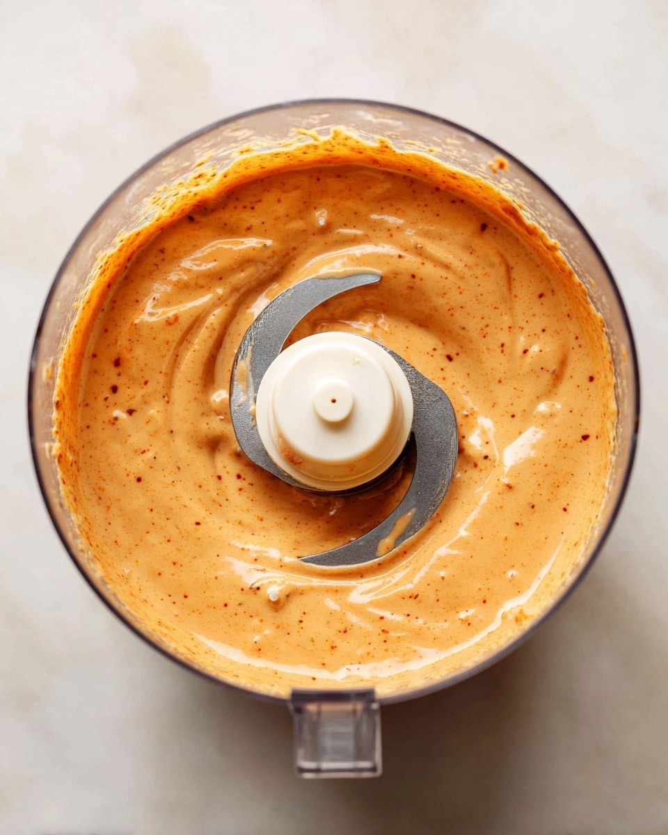 A close-up view inside a clear food processor bowl with an orange creamy sauce filling the inside. The sauce has a smooth, slightly thick texture with tiny darker specks mixed throughout. The middle metal blade sits in the center, partially covered by the sauce, showing the sharp edge and white plastic top. The background is a white marbled texture. photo taken with an iphone --ar 4:5 --v 7