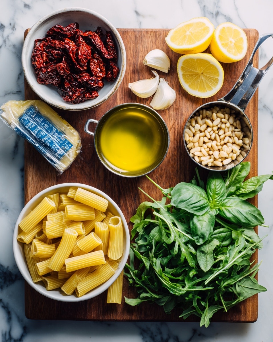 The image shows ingredients arranged on a wooden board with a white marbled background. In the top left, there is a small white bowl filled with dark red sun-dried tomatoes in oil. Below it is a metal measuring cup holding golden olive oil. Scattered in the center left are short, yellow rigatoni pasta pieces coming out of a blue and white bag. Near the middle top are three garlic cloves. To the right, a metal measuring cup holds small beige pine nuts. On the upper right, a white bowl is filled with fresh green arugula leaves. Below the pine nuts, there are two lemon halves with bright yellow skin and juicy inner texture. At the bottom right, fresh green basil leaves with smooth textures are spread out. The photo is taken with an iphone --ar 4:5 --v 7