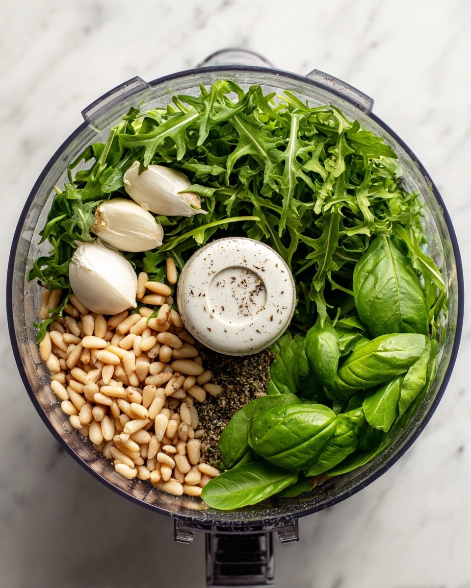 Inside a clear food processor bowl on a white marbled surface, there are several layers of ingredients for pesto. The base layer consists of fresh green basil leaves on the right, bright and full with visible veins. On the left, there is a layer of slightly jagged arugula leaves with a rich dark green color. Near the center, two plump white garlic cloves rest on top of the greens. Below the garlic is a pile of small, oval, beige pine nuts. Scattered lightly over the arugula and garlic is a sprinkle of coarse ground black pepper and some salt. The clear plastic blade component is centrally placed, showing a white circular top. The overall look is fresh and ready for blending, with varied textures from soft leaves to firm nuts. Photo taken with an iphone --ar 4:5 --v 7