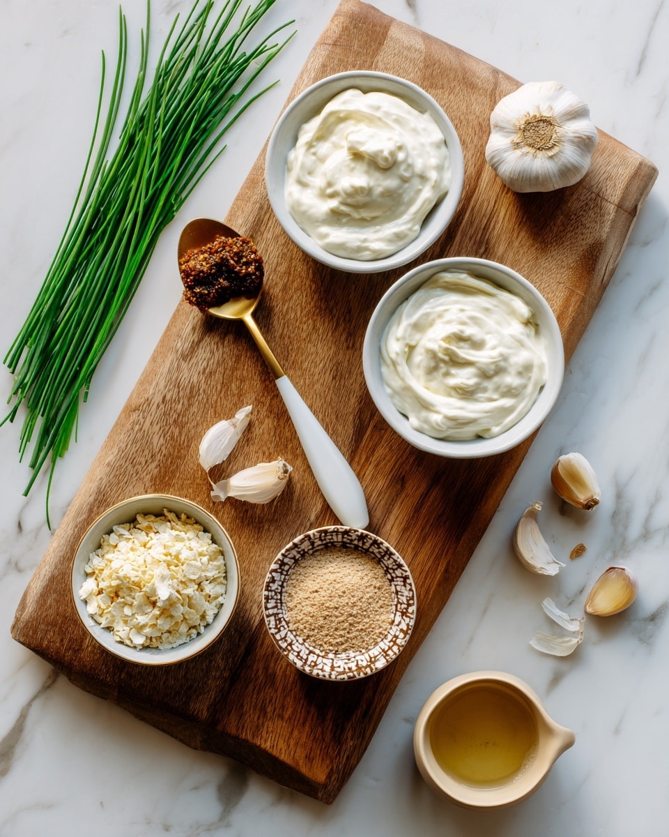 A white bowl with a speckled outer edge holds several separate ingredients arranged in layers: on the left, pale oatmeal-like flakes; next to them, fine light beige powder; beside that, smooth white creamy sauce; on the right, bright green chopped chives; below the chives, minced garlic in small white pieces; and in the center bottom, a dollop of thick reddish-brown sauce. The bowl sits on a white marbled surface, and above it, a wooden cutting board with a large silver knife and some chopped chives scattered near the blade. Photo taken with an iphone --ar 4:5 --v 7