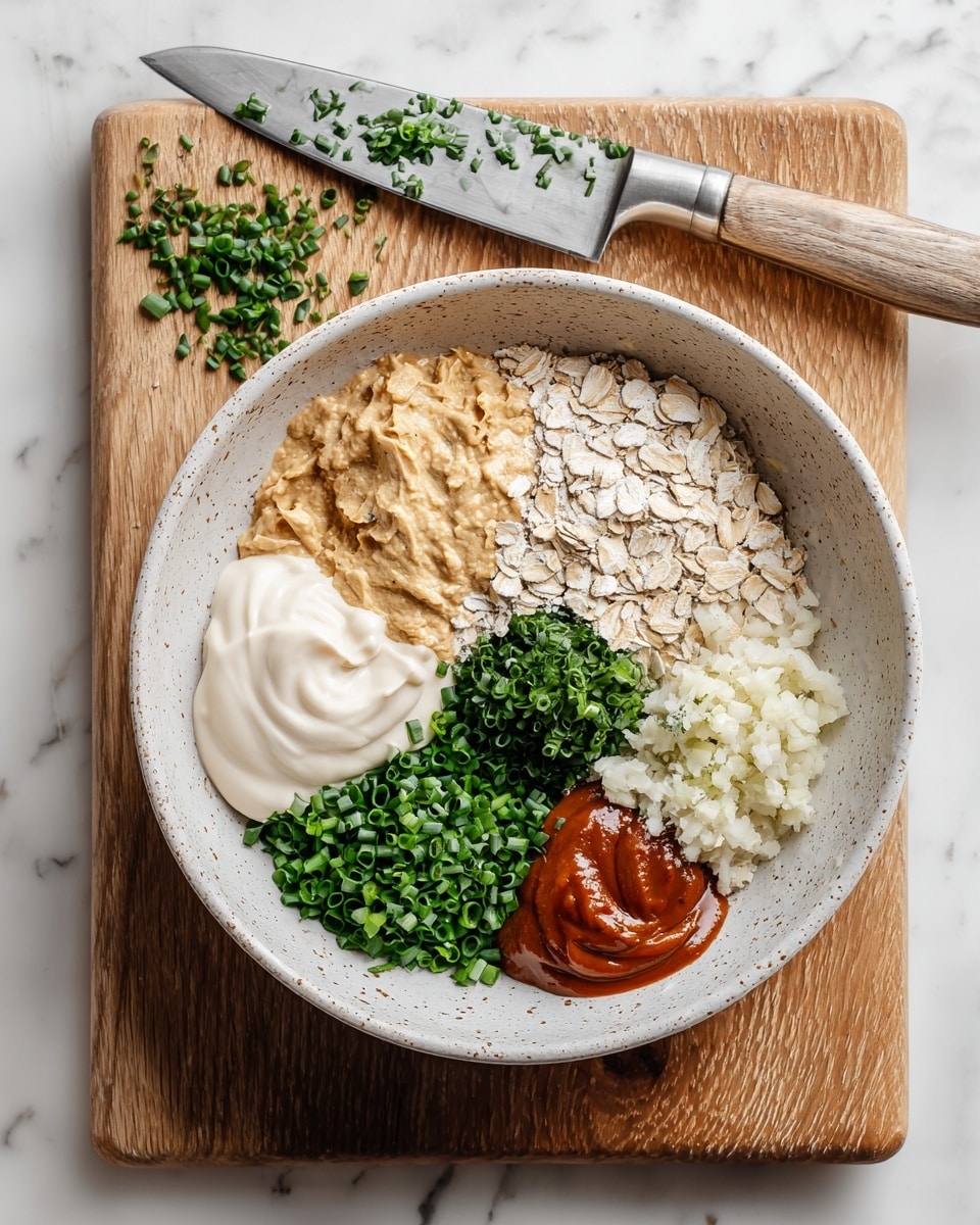 The image shows a wooden cutting board placed on a white marbled surface with several small white bowls and ingredients neatly arranged on it. There are two white bowls filled with thick white creamy sauces at the top right and upper left positions. In between, there is a gold and white spoon holding a dark brown paste. Below the spoon, two whole garlic cloves are placed. On the left side near the bottom, fresh green chives lie in a bunch. In the middle-bottom, a small dark bowl contains light beige flakes, and below it, a small white bowl with brown patterns contains a beige granular powder. On the right side, a small beige cup holds a light golden liquid. The overall scene is bright and clean, with a soft focus on the fresh and creamy textures. Photo taken with an iphone --ar 4:5 --v 7