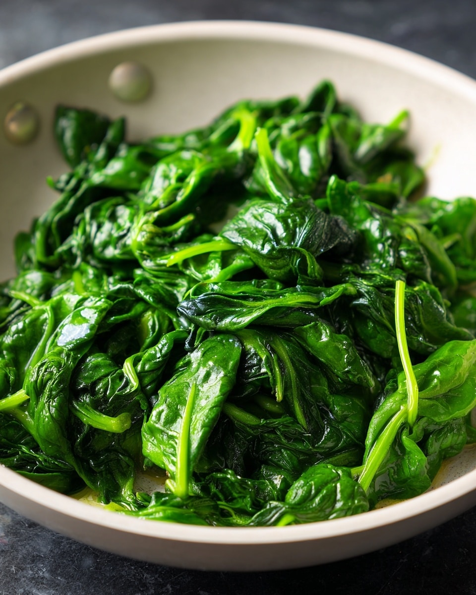 A white pan holds a small amount of cooked spinach leaves, spread unevenly across the surface. The spinach is bright green with a glossy, slightly wilted texture, showing soft folds and creases. The pan’s white inside contrasts with the vibrant green of the spinach. The background is blurred with dark and light tones, focusing attention on the spinach in the pan. photo taken with an iphone --ar 4:5 --v 7