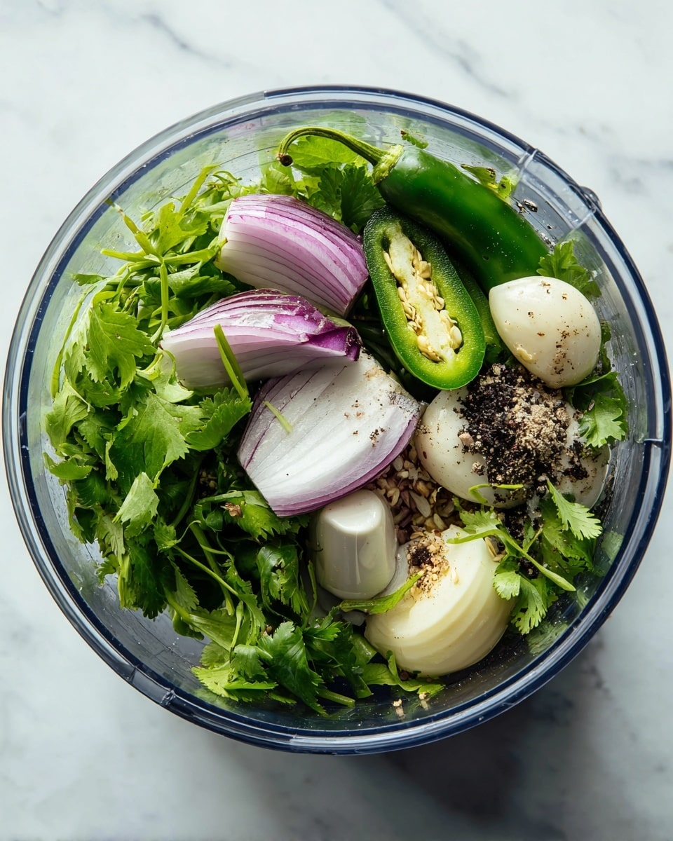 Inside a clear food processor bowl, fresh green cilantro leaves fill most of the space with their textured, leafy shapes. On top, there are three light purple onion wedges with smooth layers, a thick piece of dark green jalapeño, and a half jalapeño showing its seeds. There are also three whole garlic cloves, white and round, sitting among the herbs. Some black and white spices are sprinkled near the garlic. The background is a white marbled surface. Photo taken with an iphone --ar 4:5 --v 7