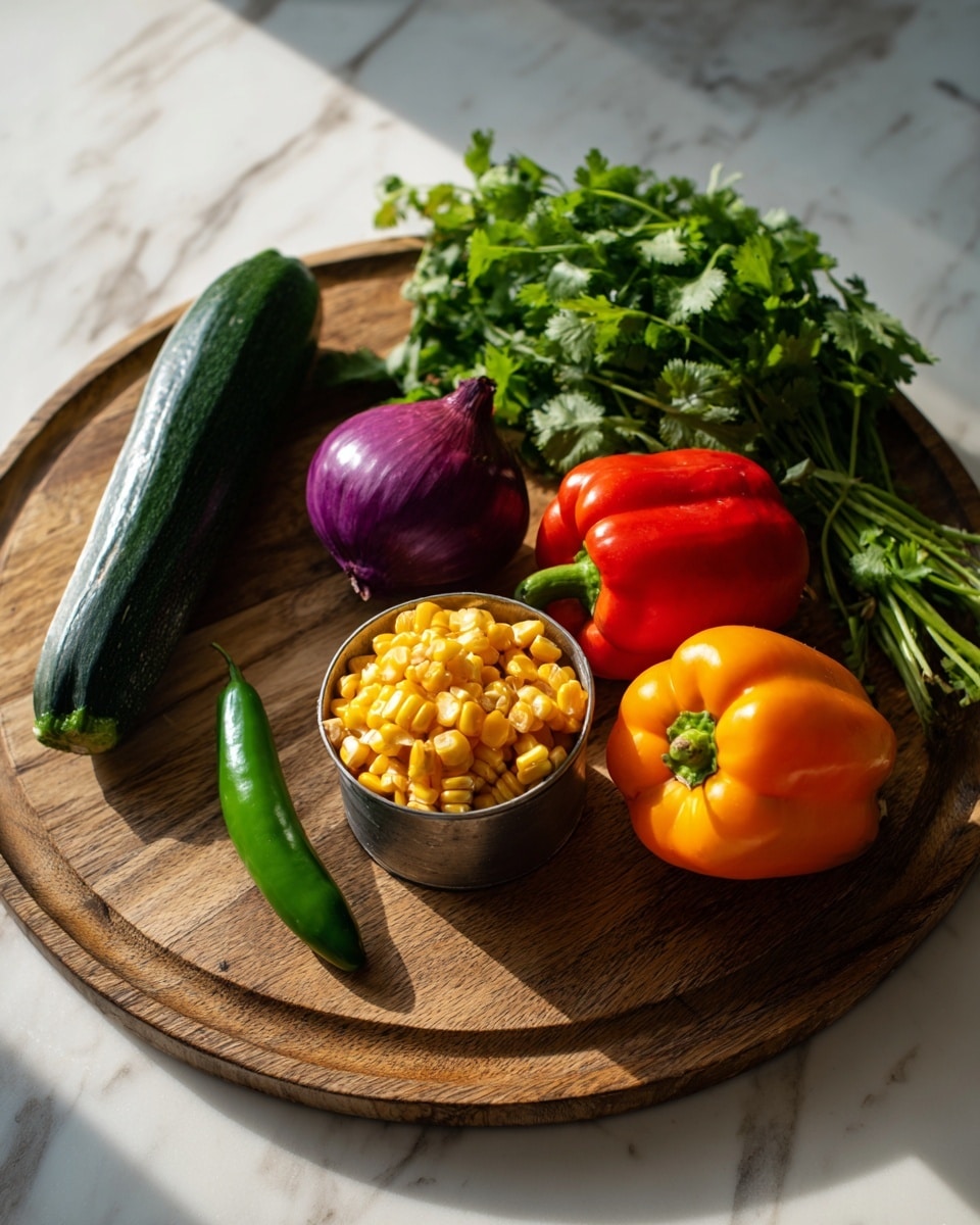 A round wooden cutting board on a white marbled surface holds several fresh vegetables and herbs. On the left side, there is one small green chili and one long dark green zucchini. In the center, there is one round purple onion. On the right side, there are two bell peppers, one red and one orange, laying next to a large bunch of green cilantro. In front of the onion, a metallic cup filled with golden grilled corn kernels sits on the wooden board. The lighting is bright and natural, highlighting the vibrant colors and fresh textures of the ingredients. Photo taken with an iphone --ar 4:5 --v 7