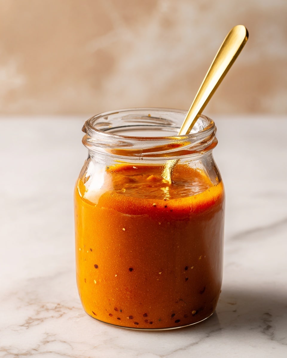 A clear glass jar filled about one-third with a thick, orange-colored sauce that has small bits of darker spices and ingredients settled at the bottom. The sauce has a smooth, slightly shiny texture, and the inside of the jar shows some droplets of condensation or sauce splashes. A shiny gold spoon stands diagonally inside the jar, with its handle leaning outwards. The jar is placed on a white marbled surface with a soft background of blurred light brown and white tones. Photo taken with an iphone --ar 4:5 --v 7