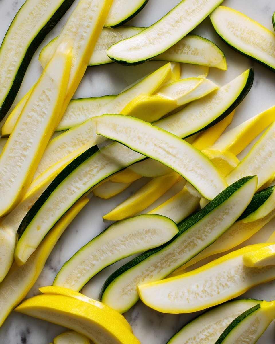 This image shows many thin slices of yellow and green zucchini spread out randomly. The slices are long, flat, and slightly curled at the edges, showing pale white flesh with soft seed patterns and dark green or yellow edges depending on the variety. The slices overlap each other on a white marbled surface, creating a mix of light yellow, green, and white colors with smooth textures. The photo taken with an iphone --ar 4:5 --v 7