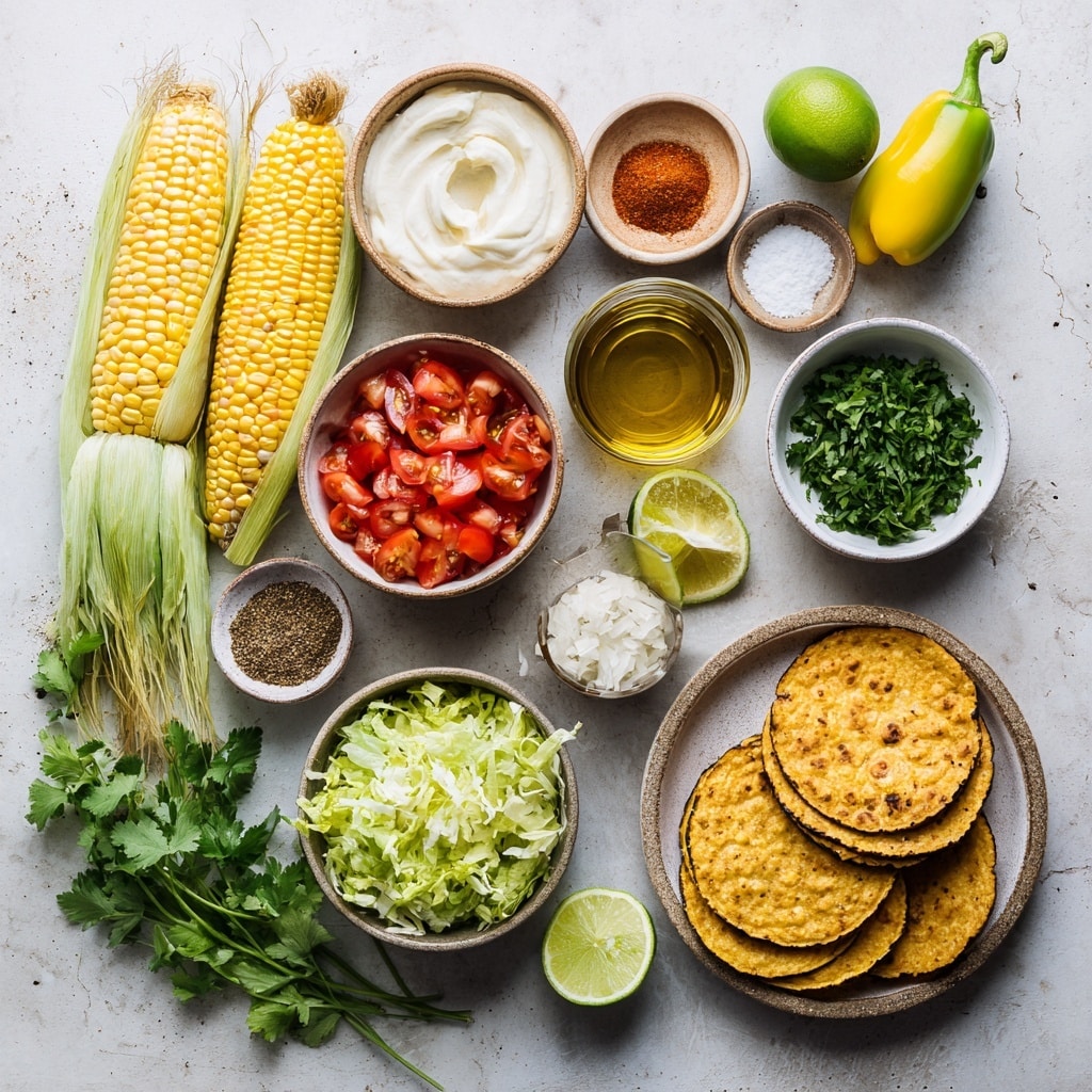 A white bowl filled with cooked yellow corn kernels forms the base layer, showing slight browning and grill marks for texture. On top, a reddish-orange powder, likely paprika or chili powder, is evenly sprinkled, adding a vibrant color contrast. Fresh green chopped herbs are scattered over the seasoning, creating a fresh, bright layer. A gold spoon stands inside the bowl on the right side, angled slightly outward. The bowl sits on a white marbled surface with two lime halves and a small bunch of green herbs placed in the upper left, alongside a beige cloth partially visible on the right. Photo taken with an iphone --ar 4:5 --v 7