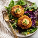 Crispy Chickpea Corn Patties with Chipotle Aioli and Kale Slaw Recipe