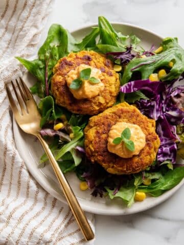 Crispy Chickpea Corn Patties with Chipotle Aioli and Kale Slaw Recipe