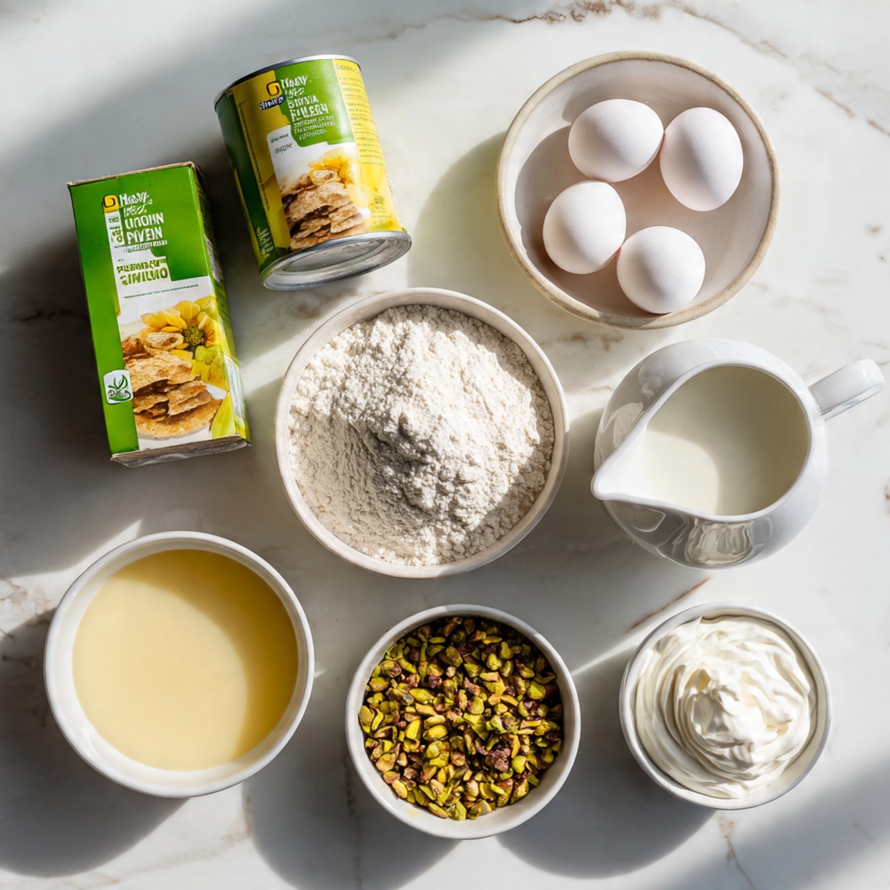 The image shows a flat lay of baking ingredients placed on a white marbled surface. There are two green boxes of pistachio instant pudding mix on the top left. Next to them is a can of crushed pineapple with a yellow and brown label. On the top right is a white bowl with three white eggs. Below the eggs is a small glass filled with milk. To the right of the glass is a white ceramic pitcher filled with a creamy liquid. In the center is a mound of white flour on parchment paper. Near the bottom left is a white bowl of a pale yellow liquid. Next to it is a small white bowl filled with crushed pistachios showing green and brown pieces. On the bottom right is a white bowl with smooth white whipped cream. The photo is taken with an iphone --ar 4:5 --v 7