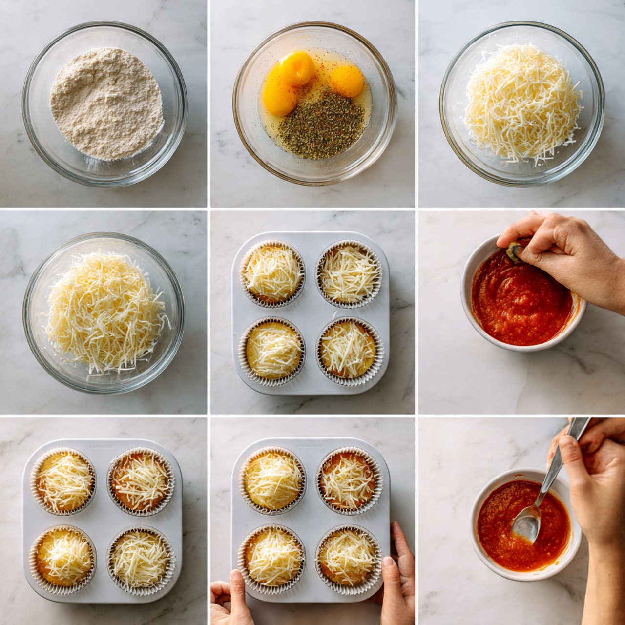 The image shows a step-by-step visual of making savory muffins arranged in eight sections over a white marbled surface. The first four images show clear bowls with different ingredients: white flour mixed with herbs and spices, a creamy mixture with two egg yolks, a combined wet and dry mix forming a batter, and shredded cheese on top of the batter. The next four images show a white muffin tin lined with paper cups, first filled with batter, then baked golden brown, topped with a layer of bright red sauce, and finally covered with a generous layer of shredded cheese. In the last frame, a woman's hand holding a spoon adds the sauce, emphasizing the finishing step. photo taken with an iphone --ar 4:5 --v 7