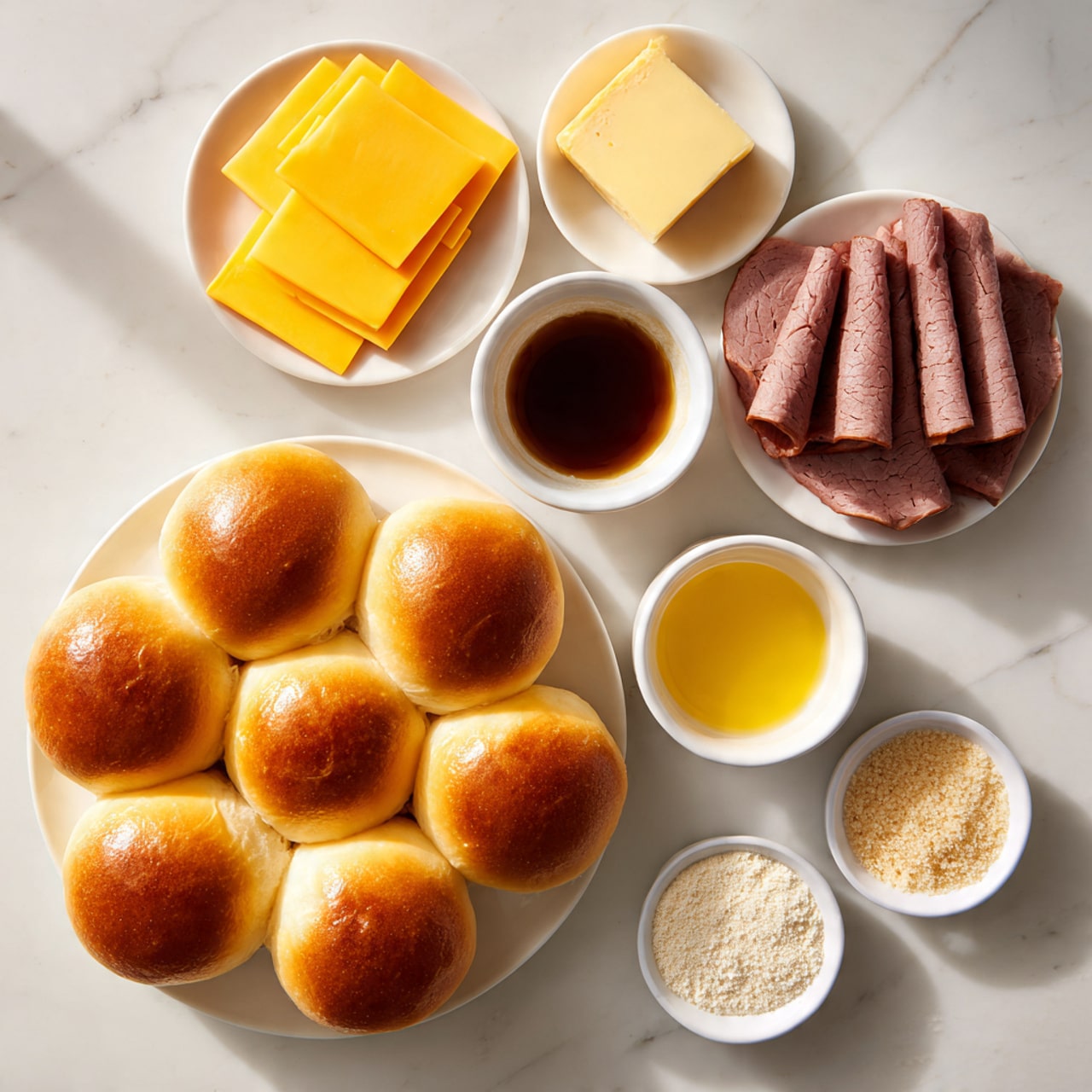 The image shows a white round plate filled with twelve soft, shiny, golden-brown dinner rolls arranged in a 3x4 grid at the bottom left. To the top left, there is a small white plate holding four bright yellow square slices of cheddar cheese stacked neatly. At the top right, another white plate contains six thin, folded slices of brown roast beef with visible marbling and texture. In the middle, two small white bowls hold dark brown liquid and melted yellow butter, both with smooth surfaces. At the bottom right, three tiny white bowls contain different crumbs and powders, varying in light beige and off-white colors. Everything is placed on a white marbled surface. Photo taken with an iphone --ar 4:5 --v 7