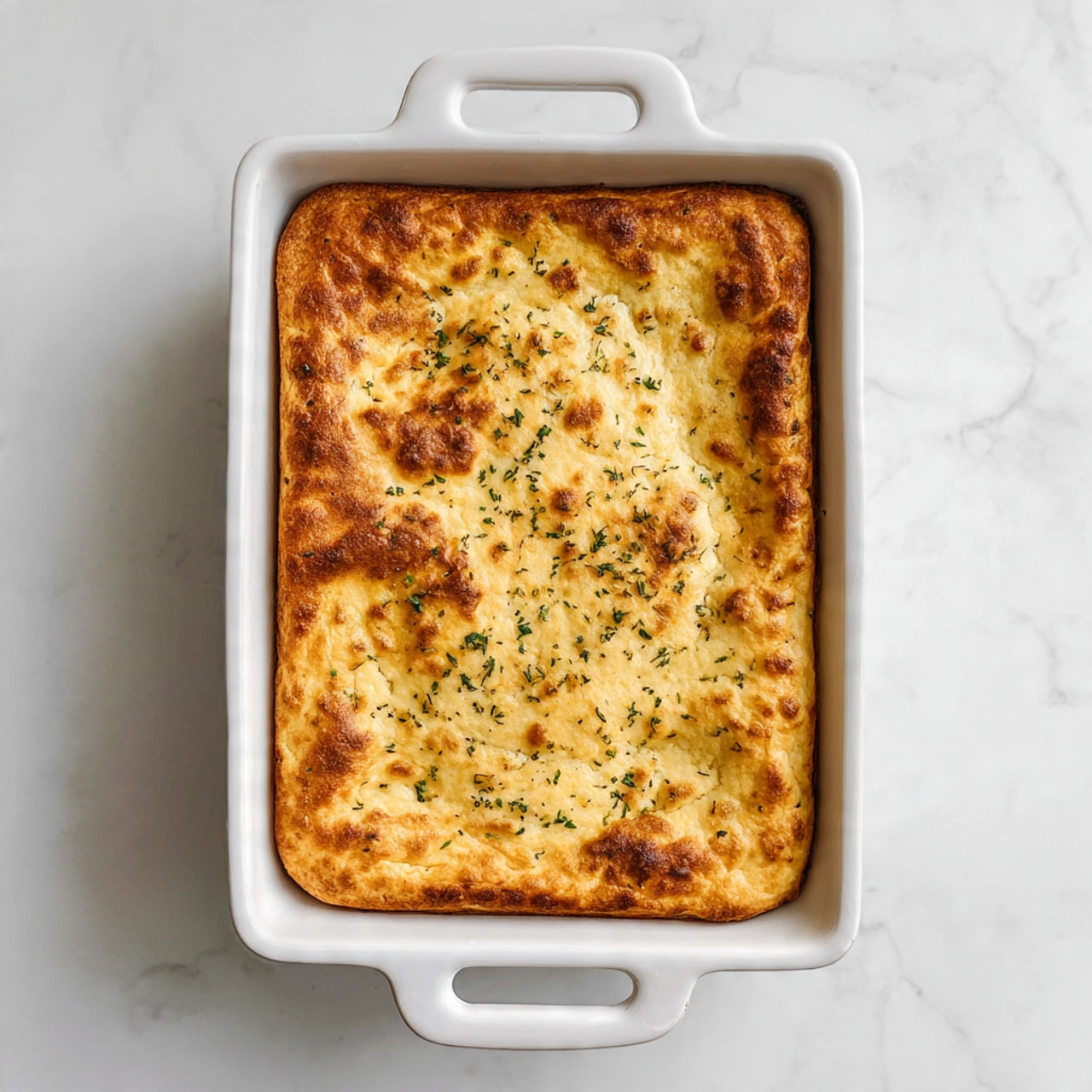 A golden brown baked dish in a white rectangular ceramic baking dish with handles visible on top and bottom edges, the crust smooth and slightly puffed with a few small cracks, sprinkled lightly with green herbs evenly over the surface. The dish rests on a white marbled textured surface, showing a thick, even single layer of the crust covering the entire dish. Photo taken with an iphone --ar 4:5 --v 7
