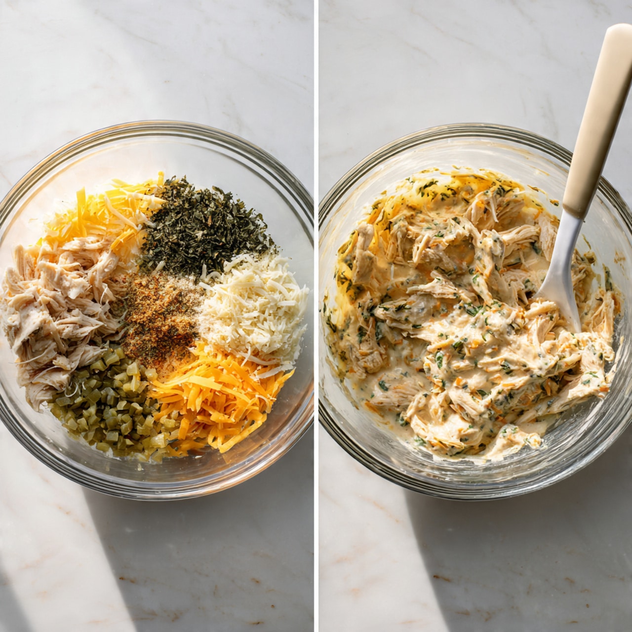 The image shows two clear glass bowls on a white marbled surface. The left bowl contains separate layers of ingredients arranged side by side: shredded light beige chicken, a pale yellow creamy sauce, white creamy sauce, chopped green peppers, dark green dried herbs, shredded orange and white cheese, and a small amount of light brown seasoning in the center. The right bowl shows all these ingredients thoroughly mixed together, creating a creamy, speckled mixture of white, green, orange, and beige. A white spatula with a beige handle is placed next to the bowls. Photo taken with an iphone --ar 4:5 --v 7