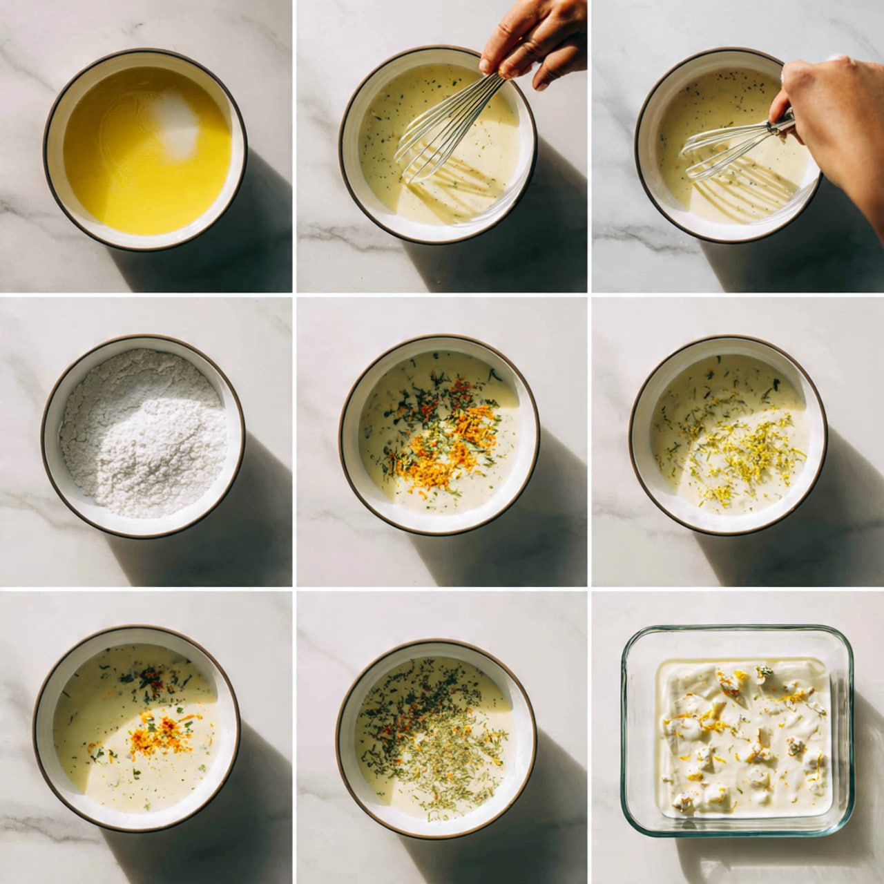 A series of eight images show the making of a light cream sauce starting in a white bowl with a dark rim, placed on a white marbled texture surface. The first image shows a white powder on top of a yellow mixture in the bowl. The second image shows a woman's hand using a whisk to mix the ingredients, blending the white powder and yellow liquid. The third image reveals a smooth, frothy light yellow liquid. The fourth image shows the light yellow liquid with small clusters of green herbs and orange spices floating on top. The fifth image shows the liquid thickened with tiny bits dispersed evenly inside. In the sixth image, a white powder is added on top of the thick yellow sauce. The seventh image shows the sauce turned creamy white with green bits floating inside. The eighth image features the creamy white sauce poured into a clear rectangular glass baking dish with small chunks inside. photo taken with an iphone --ar 4:5 --v 7