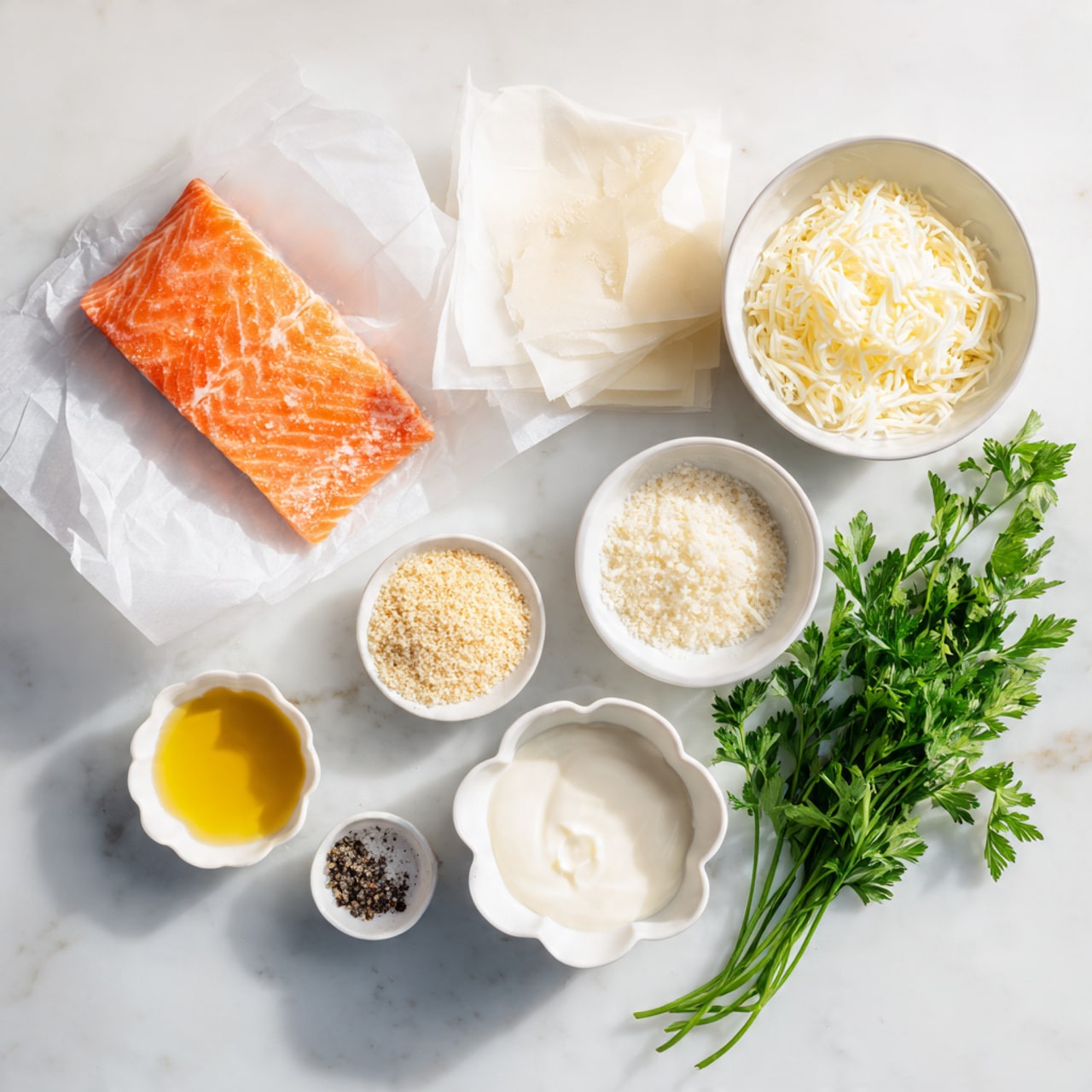The image shows ingredients arranged on a white marbled surface. On the left is a piece of raw salmon with a pink-orange color inside a white paper wrapping. To the right, there is a small white bowl filled with shredded white cheese and below it, a small white bowl with a dollop of creamy white sauce. Below the salmon and cheese, there is a small white bowl filled with coarse light beige breadcrumbs. Next to it is a small white bowl containing golden yellow olive oil. Towards the bottom left is a white scalloped dish with coarse salt and black pepper stacked side by side. Above it, a tiny white bowl holds a fine pale yellow powder, likely garlic powder. On the far right side of the image, some fresh green parsley with curly leaves adds a pop of color. The photo taken with an iphone --ar 4:5 --v 7