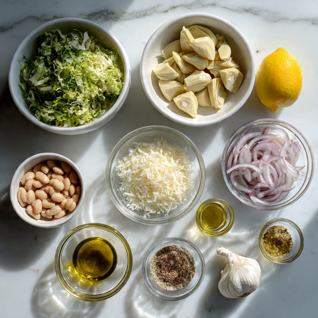The image shows several bowls and small glass containers placed on a white marbled surface. At the top center is a white bowl with pale beige artichoke hearts, cut into chunks. Below it, on the left, is another white bowl filled with shredded green leafy vegetables, likely brussels sprouts or cabbage. To the right of this bowl, there's a small glass container with thinly sliced shallots showing light purple and white rings. Below that, a halved lemon with bright yellow flesh is placed. Centered in the image is a small glass bowl of grated cheese, white and fluffy in texture. Below and to the left, there's a larger glass bowl filled with light brown beans. To the right of the beans are three smaller glass containers: one with a golden liquid (olive oil), one with minced garlic, and one with white salt and black pepper. Another halved lemon appears next to the salt and pepper bowl, slightly below the sliced shallots. Photo taken with an iphone --ar 4:5 --v 7