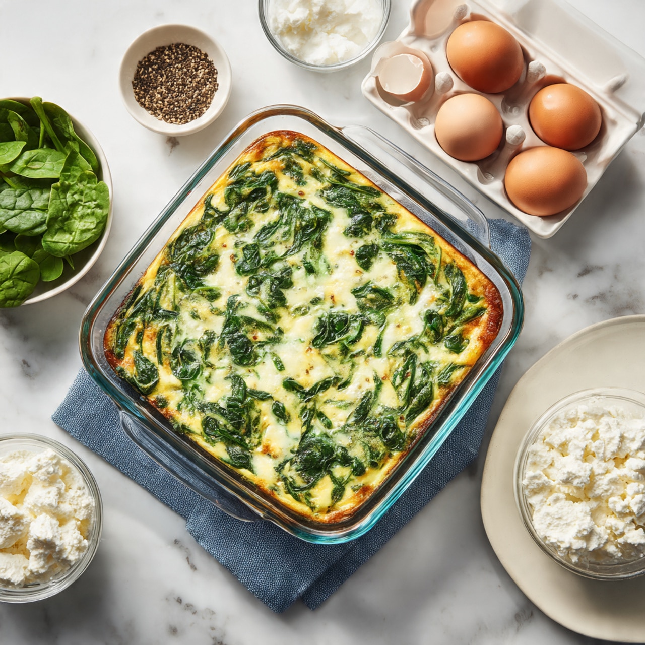 The image shows a square piece of egg and spinach frittata with two visible layers on a white plate. The bottom layer is thick, creamy, and pale yellow, looking soft and fluffy. The top layer is thinner, filled with bright green spinach leaves mixed into the cooked eggs, with a slightly browned, lightly textured surface. In the background, there is a clear glass bowl with fresh spinach leaves and a few spinach leaves resting on a white marbled surface. The lighting is natural and bright, highlighting the textures and colors of the frittata. photo taken with an iphone --ar 4:5 --v 7