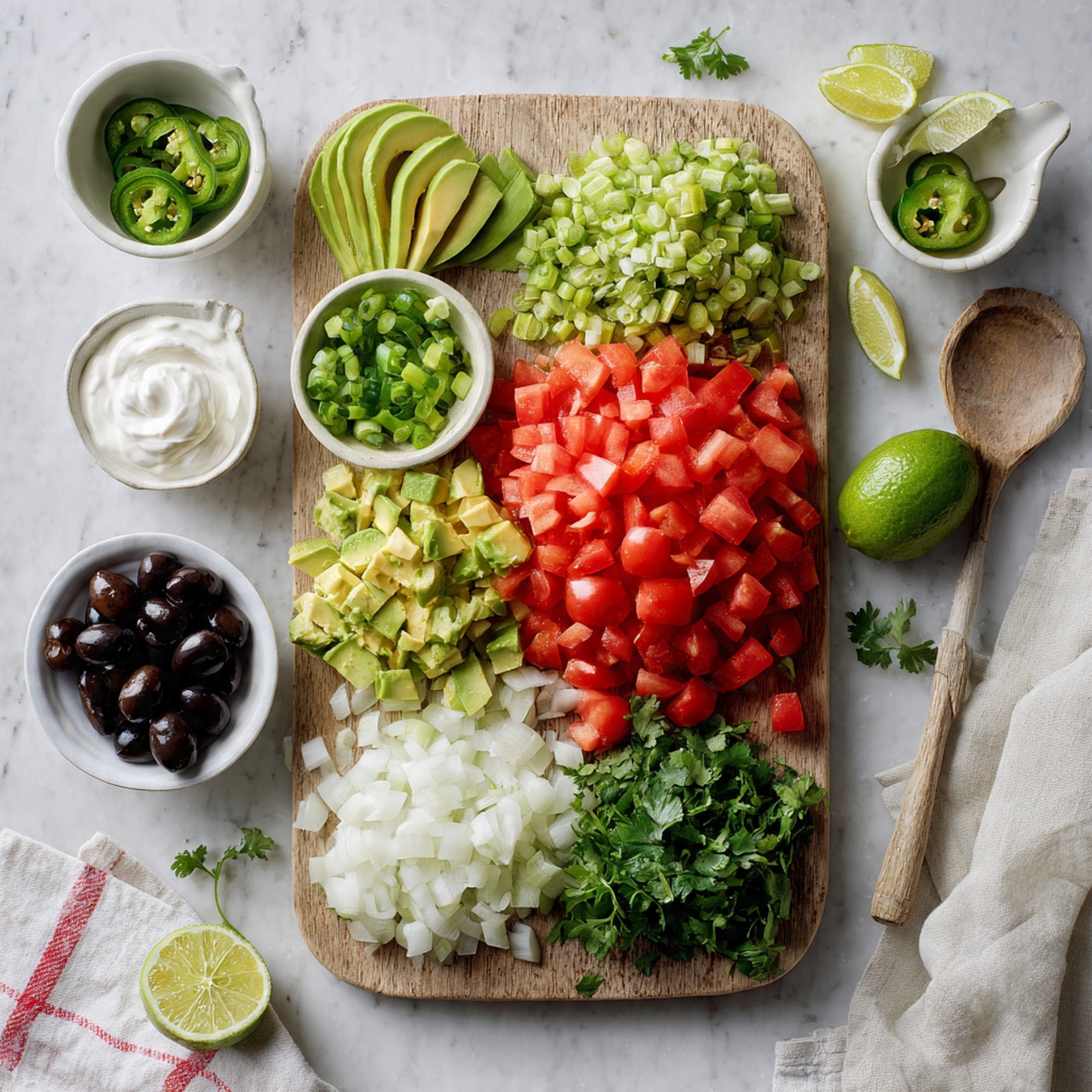 A wooden board holds multiple fresh food layers arranged neatly. At the bottom left, there is a sliced avocado with a smooth green texture. Next to it, on the right, is a layer of chopped green scallions in small rings. Above the scallions, a pile of diced red tomatoes takes up a large middle section, with some halved grape tomatoes nearby. To the left of the diced tomatoes is a small white bowl filled with thick sour cream. Above the sour cream, thinly sliced green jalapeños are scattered. To the right of the jalapeños, small white onion pieces sit in a pile. Next to the onions, lime wedges and chopped cilantro are grouped together. To the right of the lime and cilantro, a small white bowl is filled with sliced black olives. Finally, at the top left, a white bowl with a spout holds chunky guacamole. The whole arrangement is on a white marbled surface with a white and red-striped cloth and a white spoon nearby. photo taken with an iphone --ar 4:5 --v 7