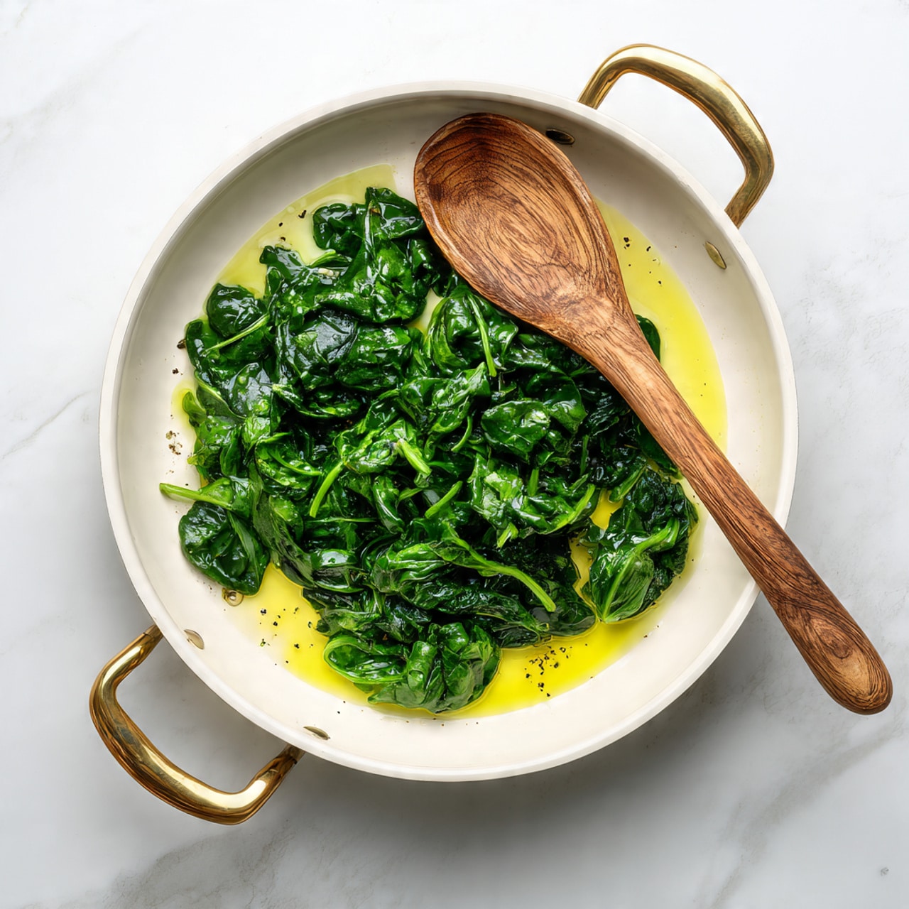 A white pan with a gold handle sits on a white marbled surface, filled with fresh, chopped dark green spinach leaves scattered in the center. Light yellow olive oil pools slightly under the spinach, adding a glossy texture. A wooden spoon rests on the right side inside the pan, its natural wood grains visible. The scene is simple and clean, focusing on the fresh spinach and wooden spoon. photo taken with an iphone --ar 4:5 --v 7