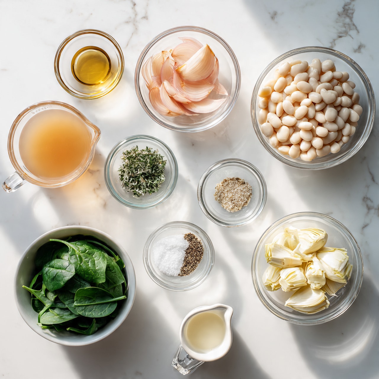 The image shows a top view of several small glass bowls and a white bowl arranged on a white marbled surface. The largest glass bowl contains white beans with a smooth texture, placed near the top right. To the left, a glass bowl has thinly sliced pale pink shallots. A medium glass measuring cup filled with light brown broth sits at the bottom left. Near the center, three small glass bowls hold grated cheese, chopped green herbs, and finely minced garlic. Below these, a tiny bowl has salt and black pepper. At the bottom right, another glass measuring cup with a clear handle contains a light creamy liquid. In the lower left corner, a white bowl is full of fresh, whole spinach leaves with vibrant green color, and next to it is a glass bowl with pale-colored, chopped artichoke hearts. Photo taken with an iphone --ar 4:5 --v 7