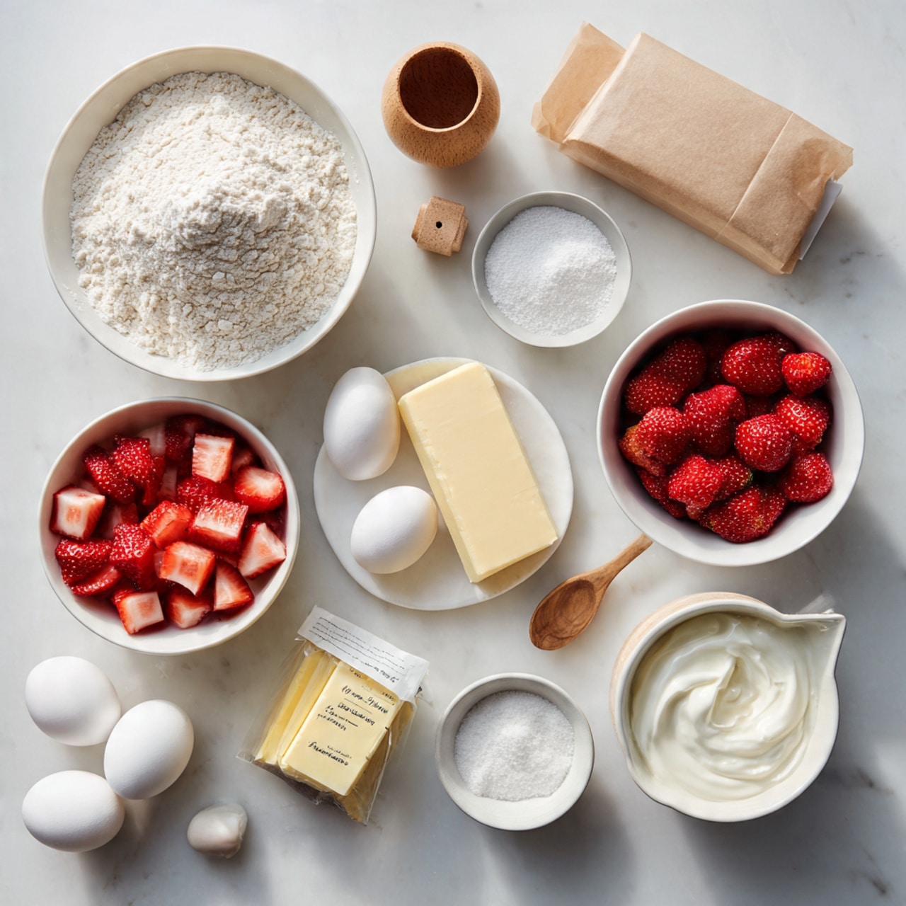 The image shows ingredients neatly placed on a white marbled surface, including a white bowl filled with white flour, a white bowl with diced red strawberries, a white bowl with white granulated sugar, and another white bowl with white powdered sugar. There are two white eggs on a small white plate, a wooden container with salt and a small wooden spoon, a block of cream cheese on brown paper, a small white pitcher with cream, a white bowl of sour cream or yogurt, a small bottle of vanilla extract, and a stick of unsalted butter in yellow packaging. The arrangement is clean and bright, with natural lighting. Photo taken with an iphone --ar 4:5 --v 7