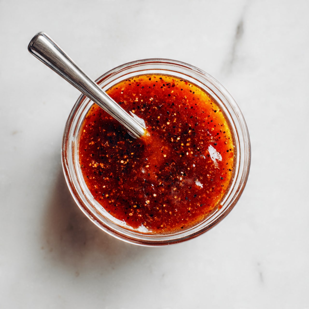 A clear glass bowl sits on a white marbled surface, holding a single layer of thick, reddish-brown sauce with visible black specks of seasoning throughout. Inside the bowl, a metal spoon with a long handle rests, slightly dipped in the sauce, reflecting light on its smooth surface. The sauce layer is spread evenly but has an uneven texture showing small lumps and bubbles. photo taken with an iphone --ar 4:5 --v 7