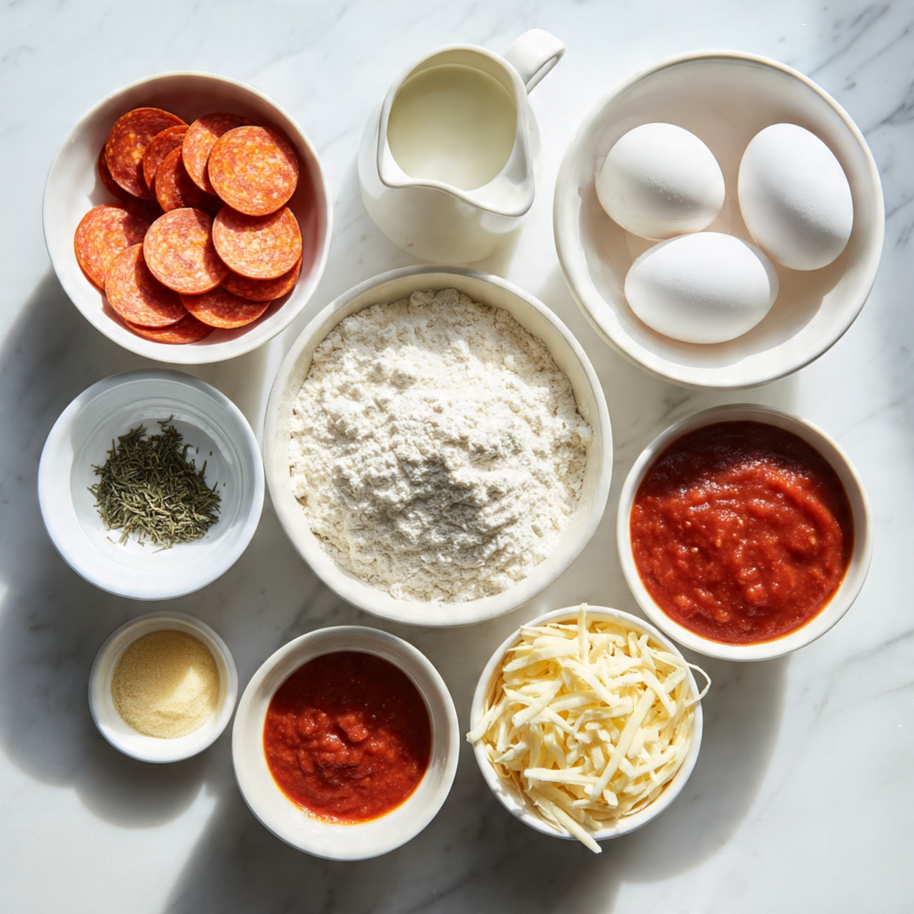 The image shows eight white bowls and plates arranged on a white marbled surface, each holding a different ingredient. Starting from the top left, there is a bowl filled with small, round slices of bright orange pepperoni. To the right, a small pitcher is filled with white milk. Below the milk, a small bowl contains two white eggs. In the center, a large bowl holds a mound of white flour with a slightly rough texture. To the left of the flour, a small dish contains mixed dried green herbs. Below that is a bowl of smooth, thick red tomato sauce. To the bottom right of the flour, a bowl holds a pile of shredded pale yellow cheese. To the right of the herbs, a small dish contains a light yellow powdered spice. The setup is neat and clean, showing all ingredients clearly. Photo taken with an iphone --ar 4:5 --v 7
