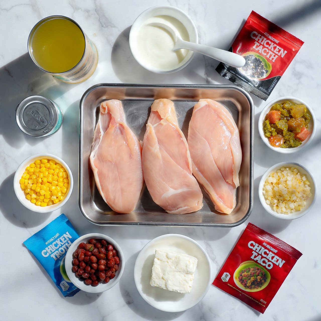 The image shows a white marbled surface with various ingredients arranged neatly. In the center, there is a metal tray holding four raw light pink chicken fillets. Surrounding the tray are small white bowls containing different ingredients: one has bright yellow corn kernels, another has black beans, one bowl has chopped white onions, another has a block of cream cheese, one contains green salsa with visible seeds, and the last has chunky red tomatoes. Additionally, there is a small can of chicken broth on the left side and two colorful seasoning packets on the right, one blue labeled