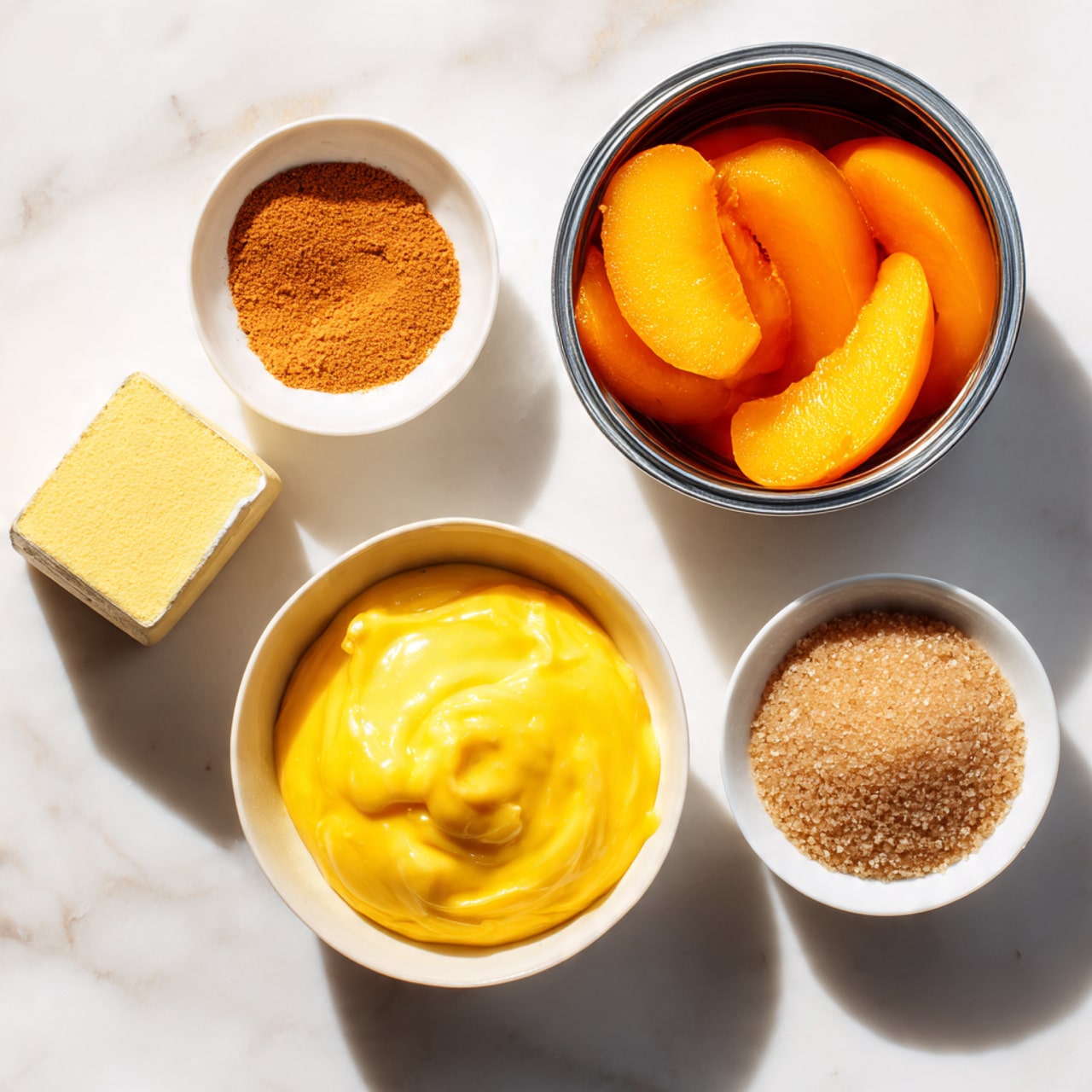 A flat lay image on a white marbled texture surface shows a box of Betty Crocker Super Moist Yellow cake mix placed diagonally in the lower left area. Above it, there is an opened can filled with bright orange canned peach slices in syrup. To the right, a small white bowl contains melted yellow butter, smooth in texture and shiny. Near the top left, a small white bowl holds a pile of orange cinnamon powder. At the bottom right, another small white bowl contains coarse brown sugar granules. The image is bright and clear, emphasizing the varied colors and textures of the ingredients photo taken with an iphone --ar 4:5 --v 7