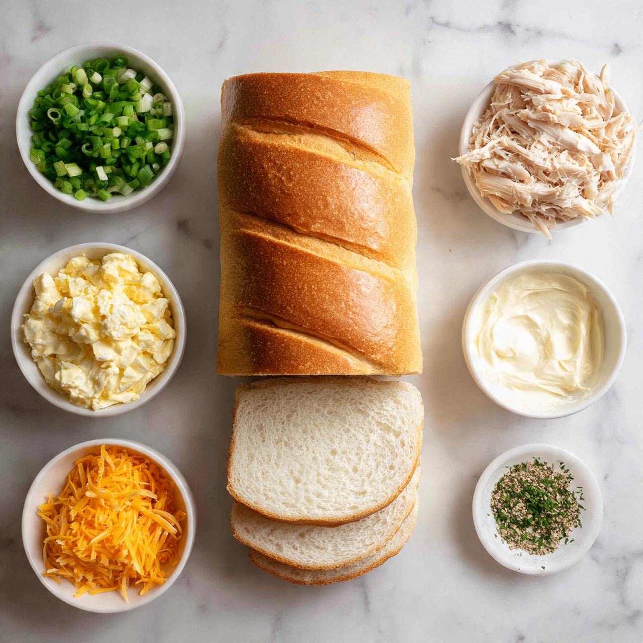 The image shows a long sandwich loaf, sliced in half horizontally, with a golden brown crust and soft white inside, placed on a white marbled surface. Surrounding the bread are six small white bowls containing different ingredients: shredded light beige chicken, creamy pale yellow mayonnaise, white sour cream, shredded orange and white cheese mix, chopped green onions, light beige powder seasoning, and dried green herbs. The ingredients are neatly arranged around the bread on the white marbled surface. Photo taken with an iphone --ar 4:5 --v 7