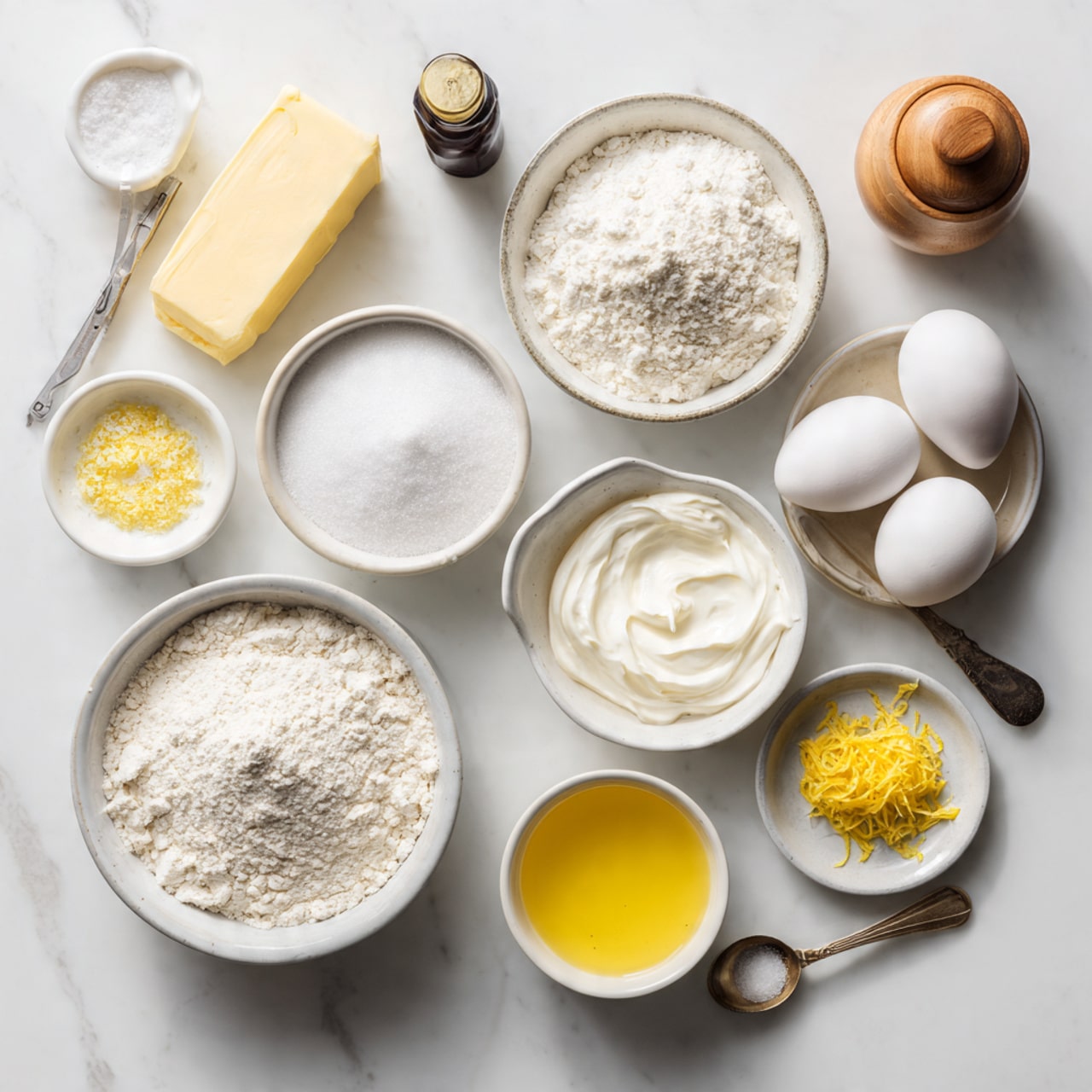 The image shows an overhead view of various baking ingredients arranged on a white marbled surface. There are ten white bowls and dishes, each holding a different ingredient: one with granulated sugar positioned near the top center, another with flour in the middle, one with two white eggs on the right, one with sour cream above the eggs, and one with powdered sugar near the bottom right. A smaller dish contains lemon zest near the bottom left, and two small dishes hold baking powder and baking soda toward the left side. A white bowl near the bottom center contains a yellow liquid, possibly melted butter or oil. A stick of unsalted butter lies diagonally on the top left corner, and a small dark bottle with a cork is near the bottom left. Finally, a wooden salt container with a round lid and spoon is on the top right. The image has a clean, bright look with natural daylight, photo taken with an iphone --ar 4:5 --v 7
