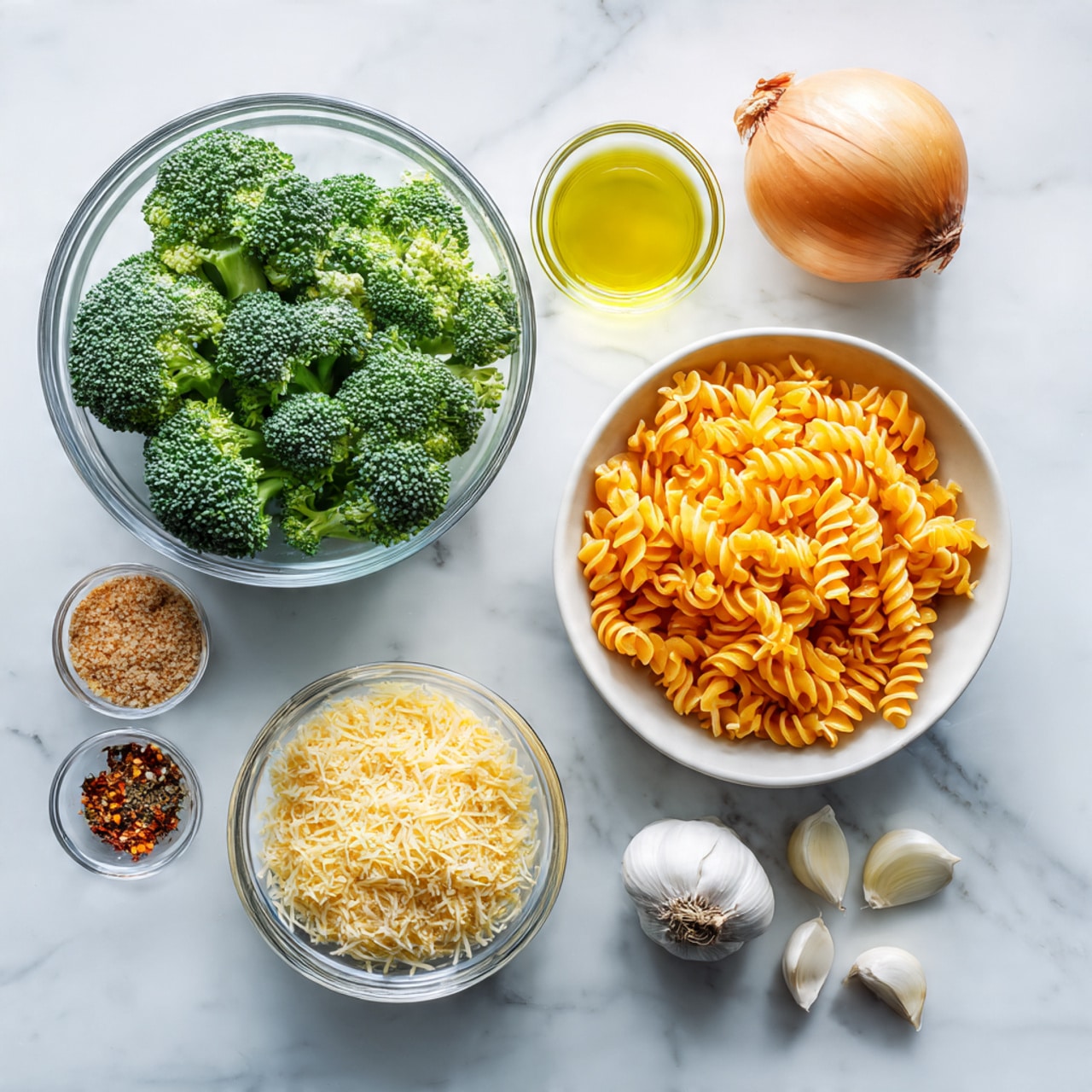 A white marbled surface holds several clear glass bowls and loose ingredients arranged in a neat layout: one large bowl at the bottom left filled with bright green broccoli florets, a large white bowl at the center-right packed with orange spiral pasta, a medium clear bowl containing finely shredded pale yellow cheese, and a smaller clear bowl with light brown breadcrumbs. Around these bowls are a whole yellow onion with its skin, three cloves of garlic with purple skin on the right, a small clear bowl of clear light yellow oil, and two tiny clear bowls holding red chili flakes and a mix of black and white pepper and salt. The scene is evenly lit, enhancing the fresh and raw textures of each ingredient photo taken with an iphone --ar 4:5 --v 7