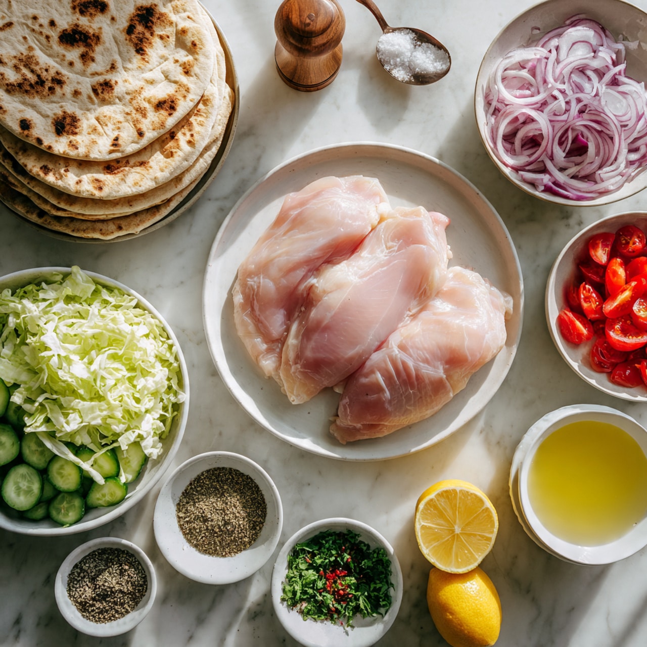 The image shows a top view of fresh ingredients arranged neatly on a white marbled surface. In the center, three thick, pale pink raw chicken pieces lie on a white plate. Above and around the chicken, there are several small white bowls containing thin white onion slices, green shredded lettuce, diced red tomatoes, green cucumber slices, and a creamy white sauce with herbs. To the left, three whole round pita breads are stacked. Small white dishes of black pepper and dried oregano sit near the bottom left. There is a small white bowl with a light yellow liquid, a small white bowl with red liquid, and two lemon halves, one whole and one cut, placed on the right side. A wooden salt container with a spoon and coarse salt is at the top right. The whole setting is clean and bright. Photo taken with an iphone --ar 4:5 --v 7