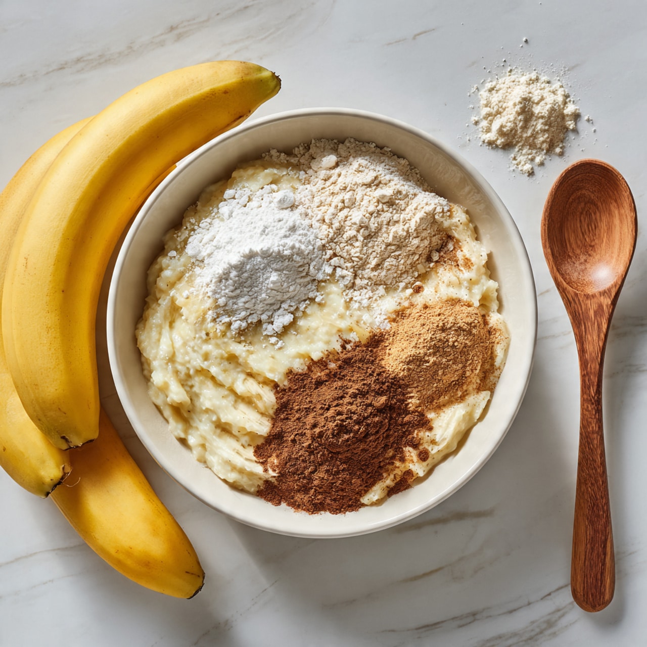 A white bowl holds the layers of ingredients for a banana recipe on a white marbled surface. Inside the bowl, mashed banana forms a wet base layer with a soft, slightly chunky texture. On top of the banana, there is a mound of white flour on the left side, a pile of light beige flour or powder on the bottom right, and a sprinkle of brown cinnamon powder on the upper right side. To the left of the bowl, there are two whole ripe yellow bananas resting on the white marbled surface. A wooden spoon lies nearby on the right side, close to the bowl. Photo taken with an iphone --ar 4:5 --v 7