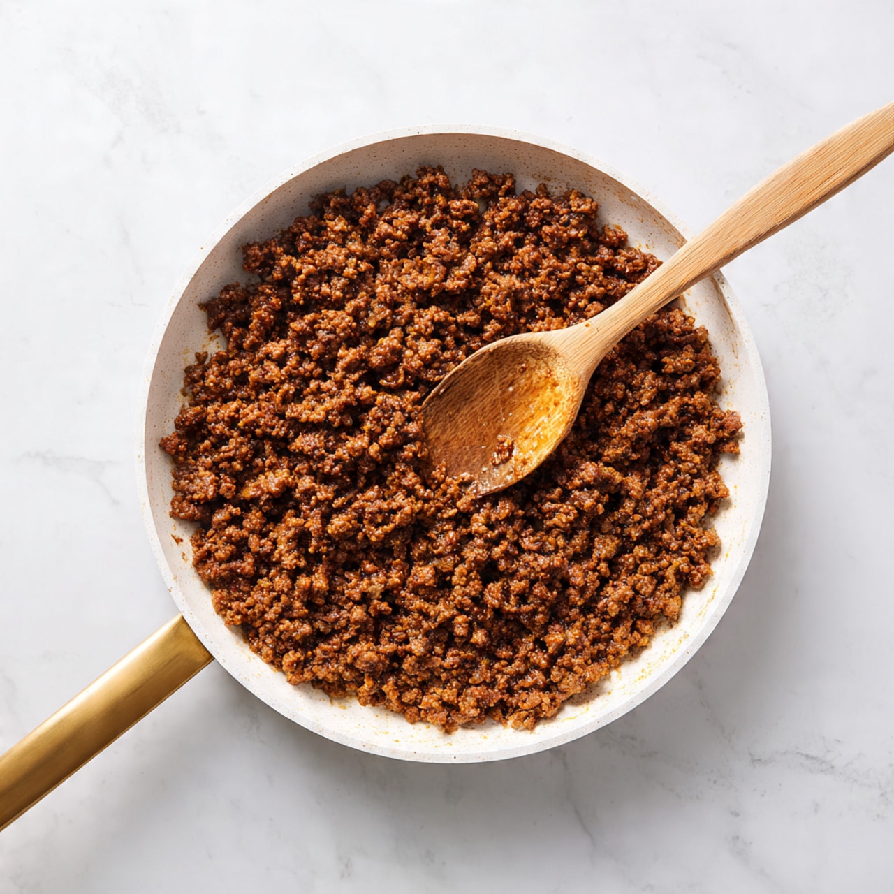 A white pan filled with cooked, small pieces of brown ground meat spread evenly across the surface. A wooden spoon rests inside the pan on the right side, with some meat on it. The pan has a gold handle and is placed on a white marbled surface. photo taken with an iphone --ar 4:5 --v 7