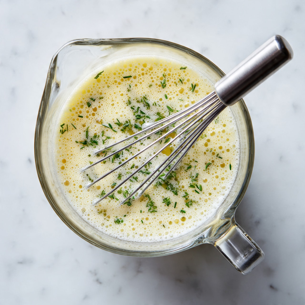 A clear glass measuring cup filled with a frothy, pale yellow liquid with small bubbles and bits of herbs floating inside is placed on a white marbled surface. A stainless steel whisk with thin wires is partially submerged in the liquid, resting diagonally inside the cup. The cup handle is visible on the lower right side. The image is bright, with soft natural light highlighting the texture of the frothy liquid and the transparency of the glass. photo taken with an iphone --ar 4:5 --v 7