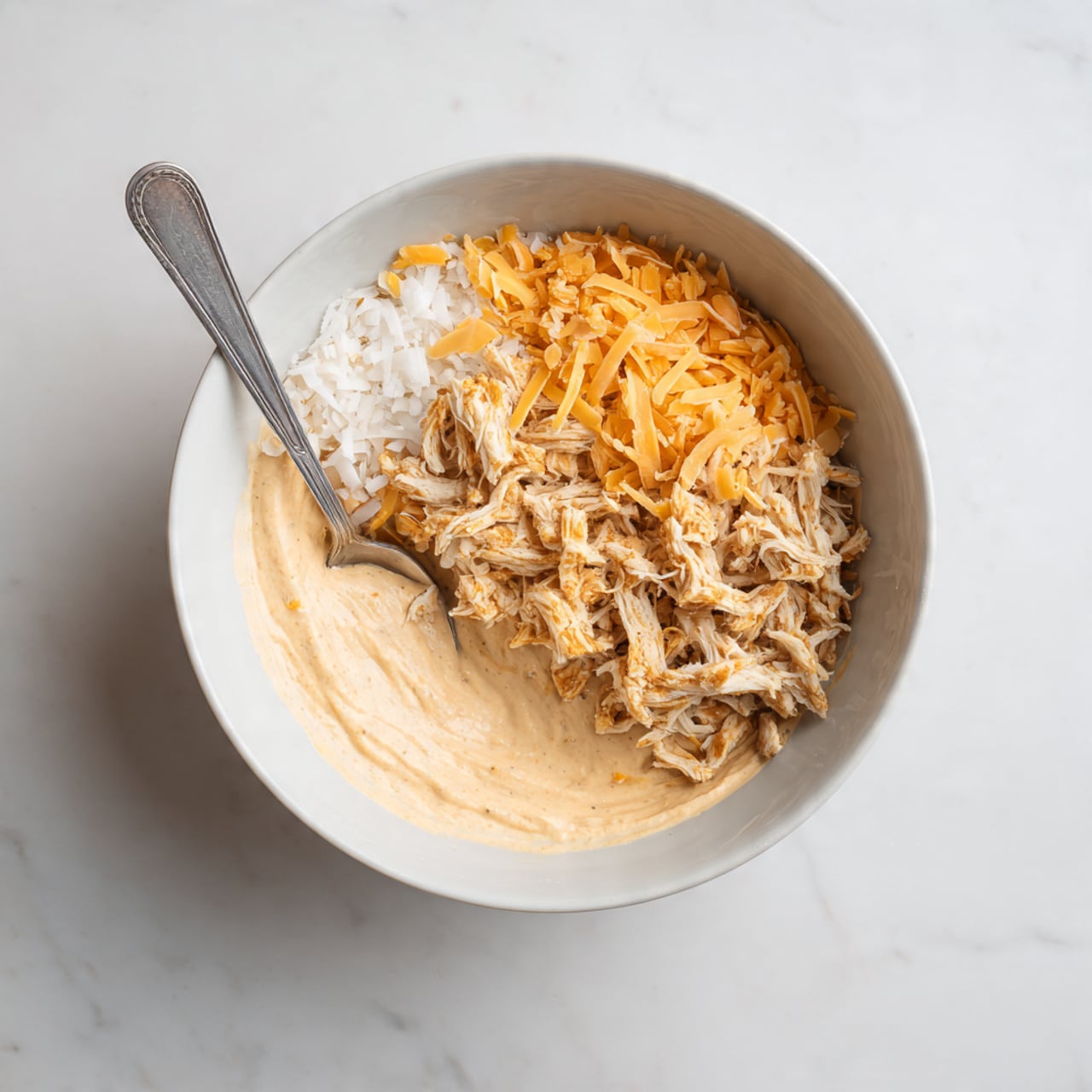 A top view of a round white bowl on a white marbled surface, showing three layers of food inside: the bottom layer is a creamy beige spread, the middle layer is shredded light brown chicken on the right side, and the left side is topped with a mix of orange and white shredded cheese. A silver spoon rests inside the bowl, pointing toward the bottom left. Photo taken with an iphone --ar 4:5 --v 7