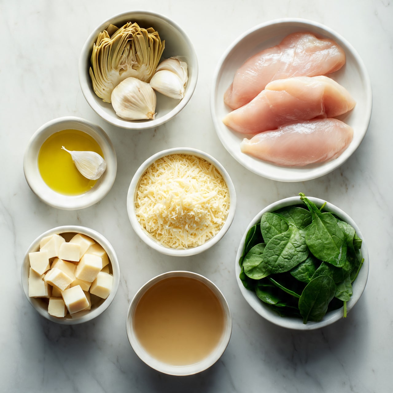 The image shows seven white bowls and two garlic cloves laid out on a white marbled surface. In the top right bowl, there are three raw pink chicken fillets laying flat. To the left, a bowl holds cooked artichoke hearts in tan and light brown shades. Below that, a small bowl contains pale yellow olive oil, next to two garlic cloves resting on the surface. A medium bowl in the center is filled with finely grated pale yellow cheese. Below this, a small bowl has white cubes of soft cheese. To the right, a bowl holds fresh dark green spinach leaves. Finally, at the bottom right, a bowl contains light brown chicken broth. Photo taken with an iphone --ar 4:5 --v 7