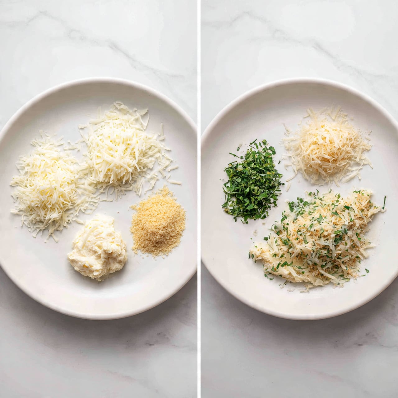 A white plate contains four separate layers of ingredients before mixing: at the top, there is a pile of finely shredded white cheese, to the right, a heap of chopped green herbs, at the bottom, a small mound of light yellow powder, and to the left, a pile of coarse, pale breadcrumbs with a dollop of pale cream on top. In the second image, the same white plate holds all the ingredients fully mixed together, forming a light beige mixture with scattered green herbs and white shredded cheese evenly spread throughout. The surface beneath the plate is a white marbled texture. Photo taken with an iphone --ar 4:5 --v 7