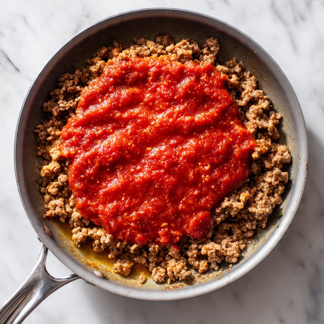 The image shows a gray pan with browned ground meat evenly spread on the bottom layer, creating a rough textured surface with small clumps of meat. In the second part of the image, a thick, bright red sauce with a smooth texture is added on top of the cooked ground meat, covering the center and allowing the meat layer to be visible around the edges. The pan has a long silver handle and is placed on a white marbled surface. photo taken with an iphone --ar 4:5 --v 7