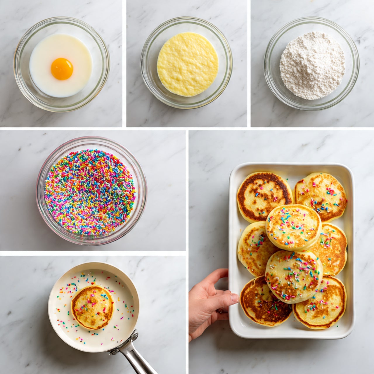 Six images show the process of making colorful pancakes on a white marbled surface. The first image shows a clear glass bowl with raw ingredients including an egg and milk. The second image presents the same bowl with white flour and a white powder on top. The third image shows the mixture combined into a smooth yellow batter in the bowl. The fourth image has colorful rainbow sprinkles on top of the yellow batter inside the bowl. The fifth image shows a single round pancake cooking in a white pan with a woman’s hand holding the pan handle slightly visible. The last image reveals a white tray filled with stacked golden pancakes dotted with vibrant red, blue, yellow, and green sprinkles. photo taken with an iphone --ar 4:5 --v 7
