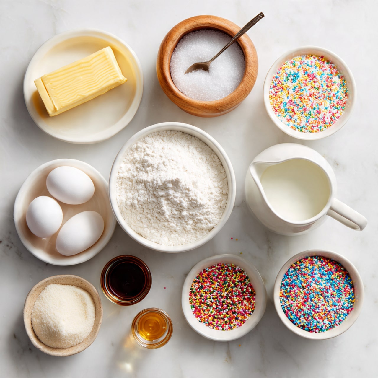 The image shows various baking ingredients arranged on a white marbled surface. There is a stick of unsalted butter near the top left, next to a small white bowl filled with sugar and a wooden container with coarse salt and a small wooden spoon. Below, there are two white bowls side by side, one filled with flour and the other with powdered sugar. A white ceramic jug with cream sits beside the flour, and beside that, two white eggs rest on a small white plate. There is another white bowl filled with milk, and around it are smaller white dishes holding baking powder, cornstarch, and colorful rainbow sprinkles. Two small bottles, one with a dark brown liquid and the other with vanilla extract, complete the setup. photo taken with an iphone --ar 4:5 --v 7