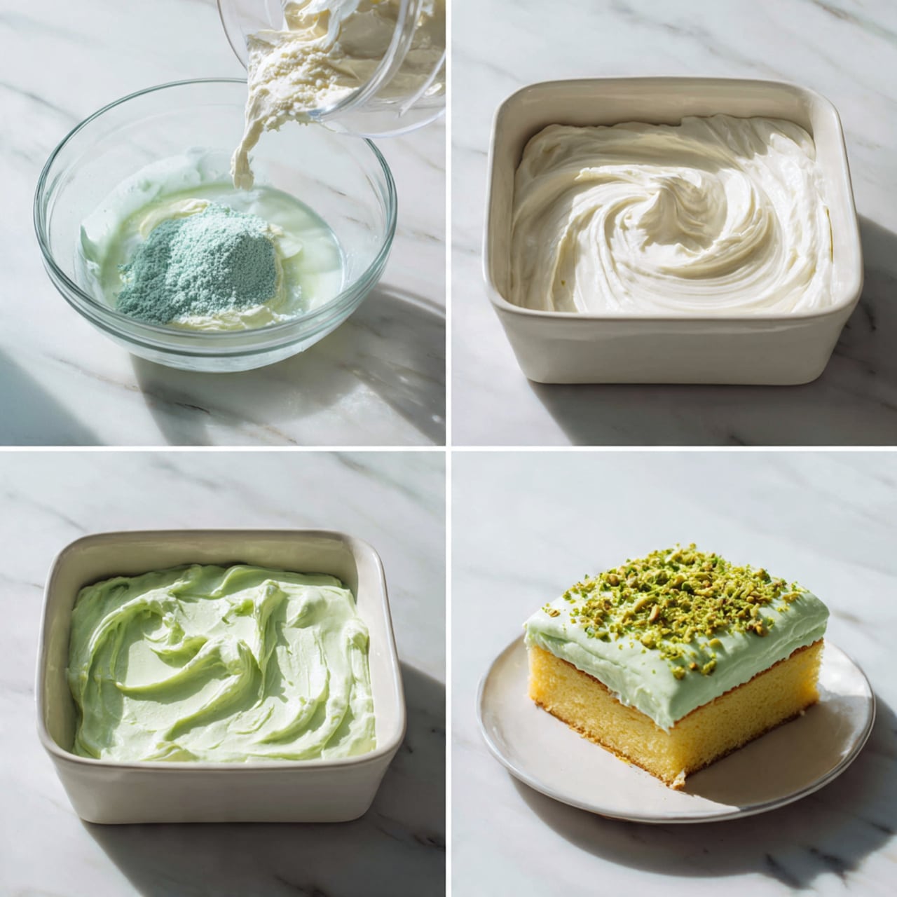 The image shows a step-by-step process of making a light green dessert. First, blue powder is added to a white liquid in a clear glass bowl. Then, the mixture is whipped into a smooth, pale green texture. Next, white whipped cream is gently folded into the green mix. The mixture is poured into a white rectangular pan, spreading evenly with a smooth surface. After that, the top is sprinkled with crushed green nuts for texture. Finally, a single square piece is served on a white plate, showing two layers: a soft yellow cake base and a thick, fluffy pale green cream layer on top, sprinkled with green nuts. The setting is a white marbled surface. Photo taken with an iphone --ar 4:5 --v 7