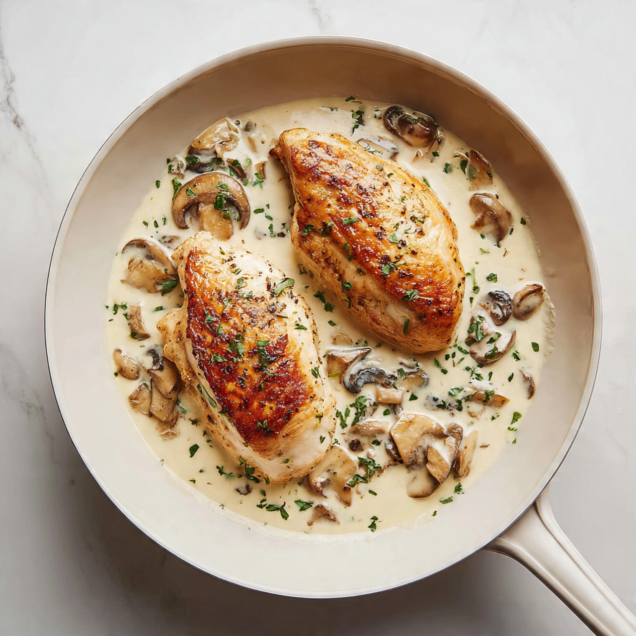 The dish shows cooked chicken pieces as the bottom layer in a black pan, topped with light green fresh spinach and chopped light beige mushrooms. These ingredients are mixed into a thick creamy white sauce with flecks of black pepper visible. The cooked chicken on top is seasoned with black pepper and looks golden brown, sitting partially covered by the creamy sauce layered with spinach and mushrooms underneath. The black pan contrasts with the white marbled texture background. Photo taken with an iphone --ar 4:5 --v 7