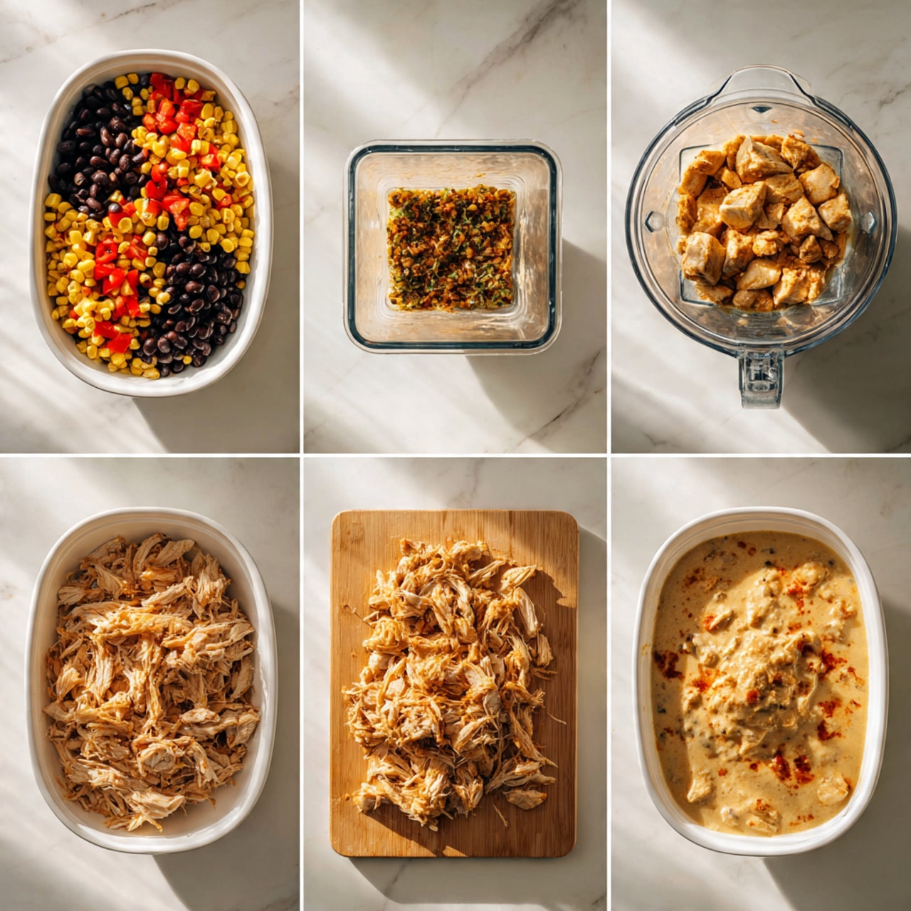 The image shows six stages of making a creamy chicken dish arranged in a grid on a white marbled surface. The first image is a white oval dish with three raw chicken pieces, a pile of black beans, yellow corn kernels, and diced red bell peppers, all in separate sections. The second image is a clear square blender with white cream, chopped green chilies, and brown spices inside. The third image shows the white oval dish with a light tan sauce with red pepper bits on top. The fourth image is a wooden board with shredded cooked chicken and the chicken pieces torn apart around it. The fifth image is the white oval dish filled with cream sauce and shredded chicken mixed in. The last image is the same white oval dish filled with a thick sauce containing shredded chicken, black beans, corn, and red bell peppers all mixed together. Photo taken with an iphone --ar 4:5 --v 7