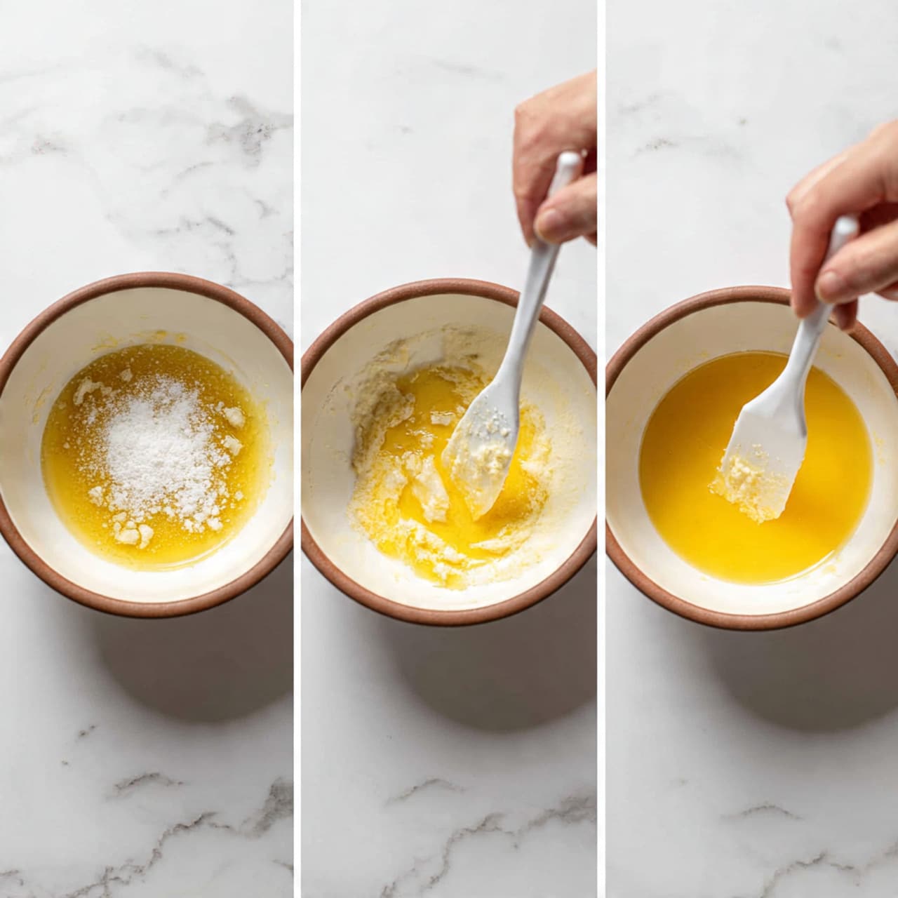 Three side-by-side images show a white bowl with a brown rim on a white marbled surface, containing melted yellow butter with white powder on top. In the middle image, a woman's hand holds a white spatula, stirring the mixture, blending the yellow butter and white powder into a creamy, slightly grainy texture. The third image shows the mixture fully combined into a smooth yellow liquid with small white clumps floating on top. Photo taken with an iphone --ar 4:5 --v 7