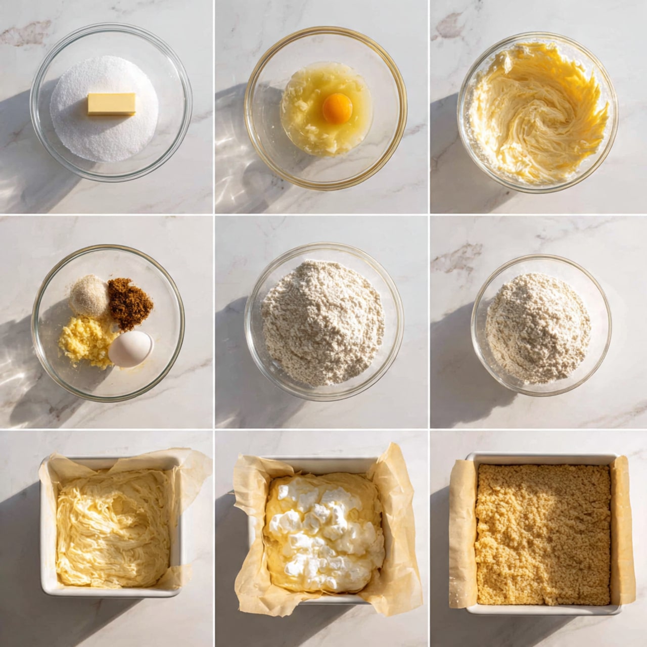 The image shows a step-by-step baking process with eight photos arranged in two rows on a white marbled surface. The first photo has a glass bowl with white sugar and a stick of pale yellow butter. The second photo shows the same bowl with whipped butter and a cracked egg in the center, a creamy yellow texture. The third photo in the row adds two brown spices and a small piece of yellow zest to the creamy mixture. The fourth photo shows a glass bowl filled with white flour. The fifth photo shows the mixture with some flour added, creamy yellow with white flour on top. The sixth photo shows the mixture light yellow and fluffy with dollops of white whipped egg whites added on top. The seventh photo shows a square white baking pan lined with parchment paper filled with smooth, even pale yellow batter. The last photo shows the same baking pan filled with a rough, crumbly layer of dough, light golden in color. Photo taken with an iphone --ar 4:5 --v 7